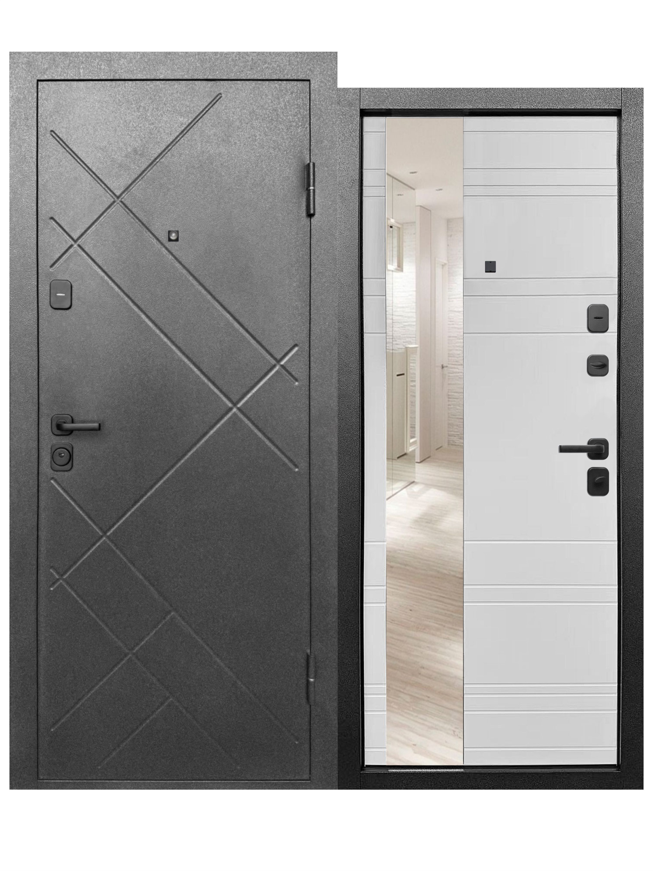 Изображение товара Входная дверь Бриз Штамп МП правый 205x86см цвет букле графит/эмалит белый с зеркалом Изображение товара Входная дверь Бриз Штамп МП правый 205x86см цвет букле графит/эмалит белый с зеркалом