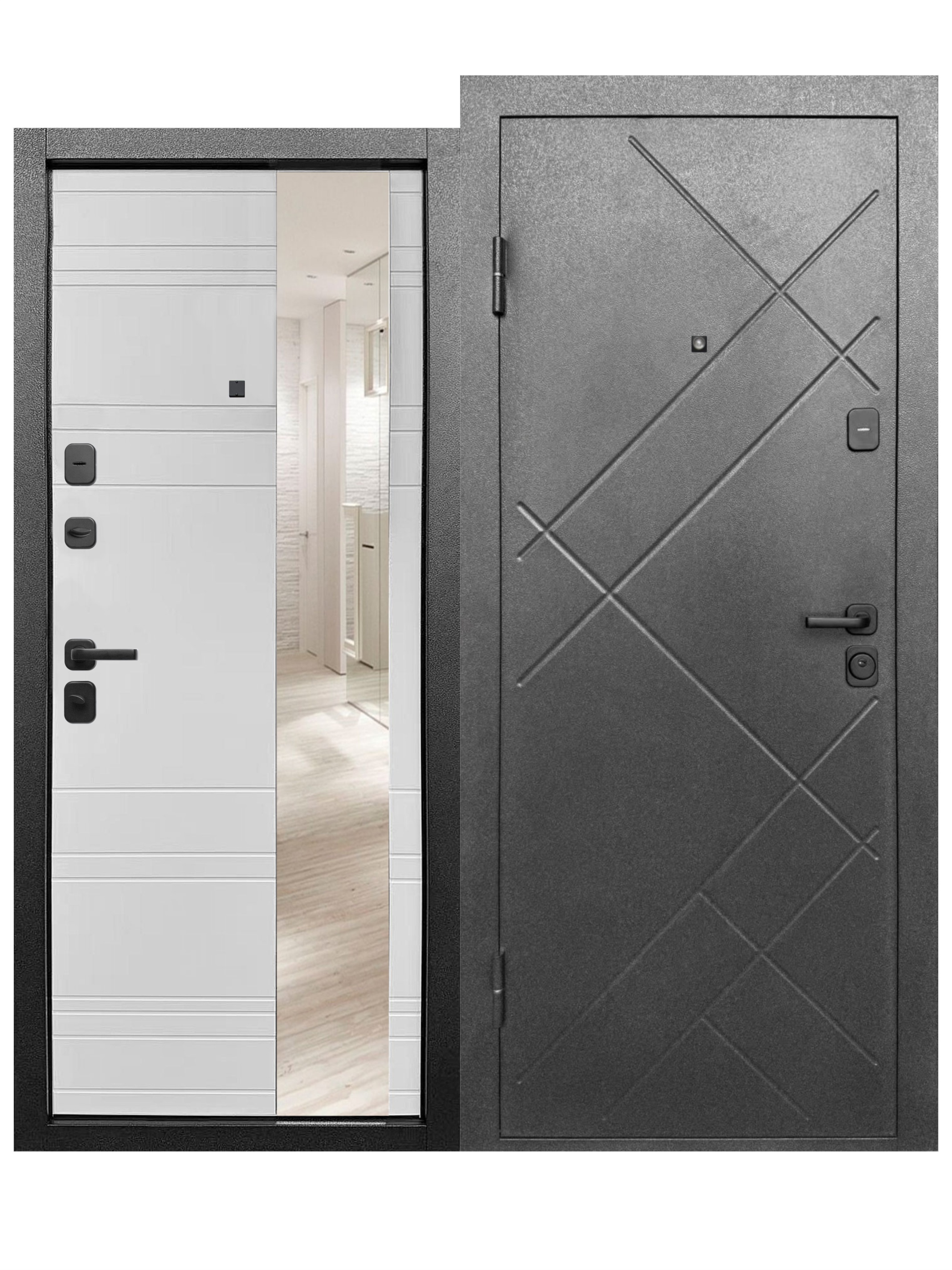 Изображение товара Входная дверь Бриз Штамп МП левый 205x96см цвет букле графит/эмалит белый с зеркалом