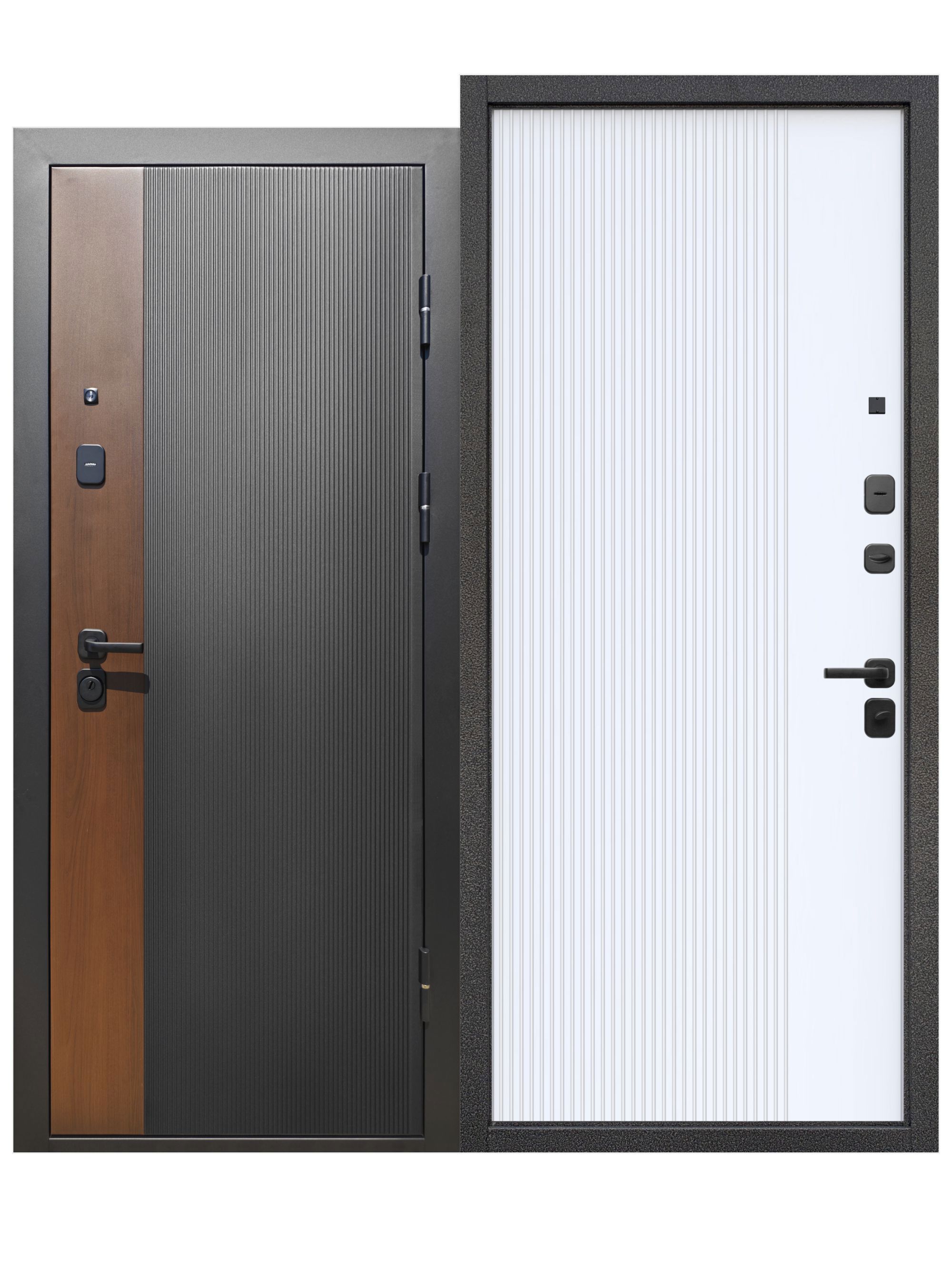 Изображение товара Входная дверь Бриз Вертикаль МП правый 205x96см цвет муар черный и грецкий орех/белый