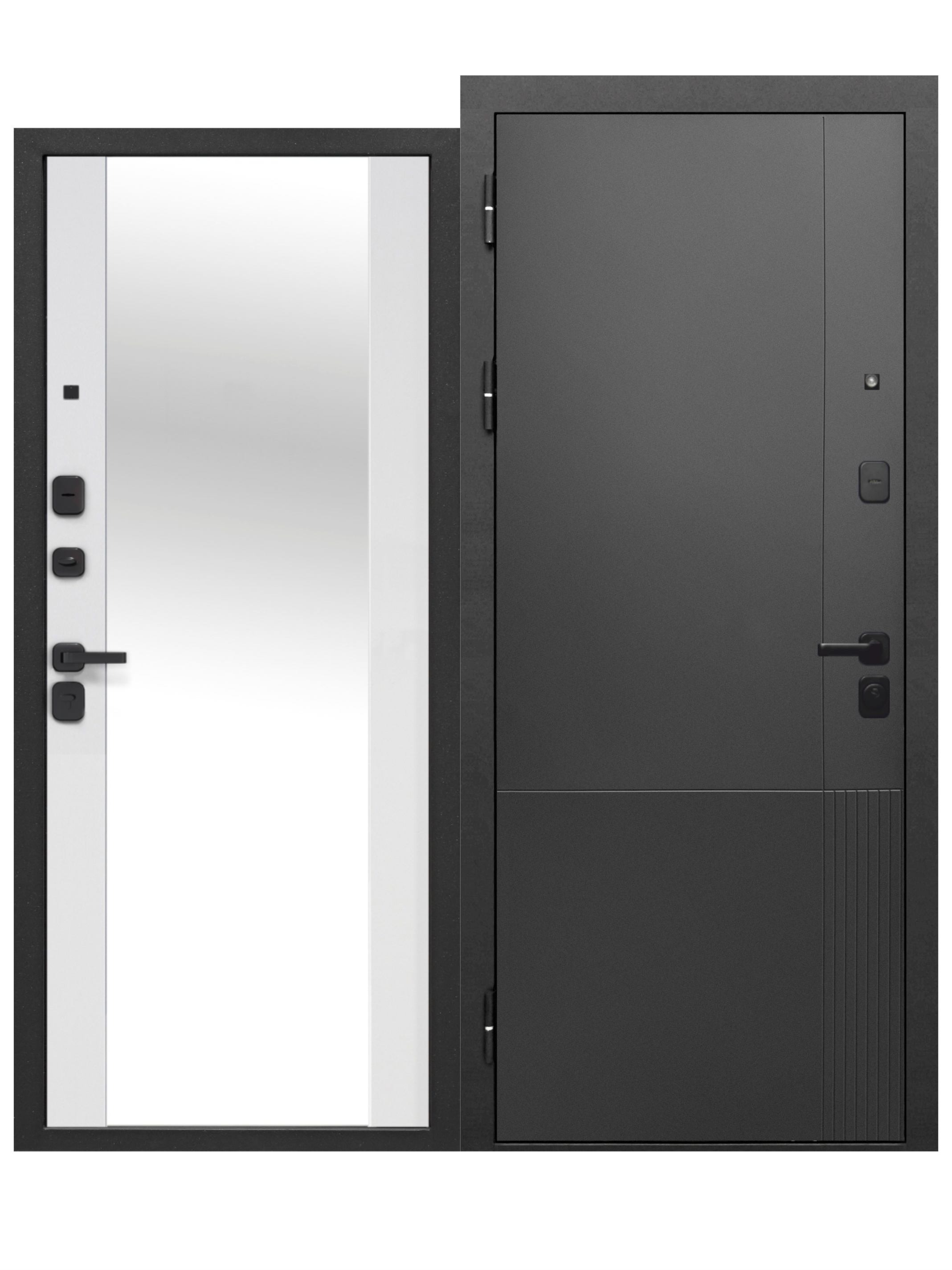 Изображение товара Входная дверь Бриз Штамп Нео МП левый 205x96см цвет муар черный/эмалит белый с зеркалом