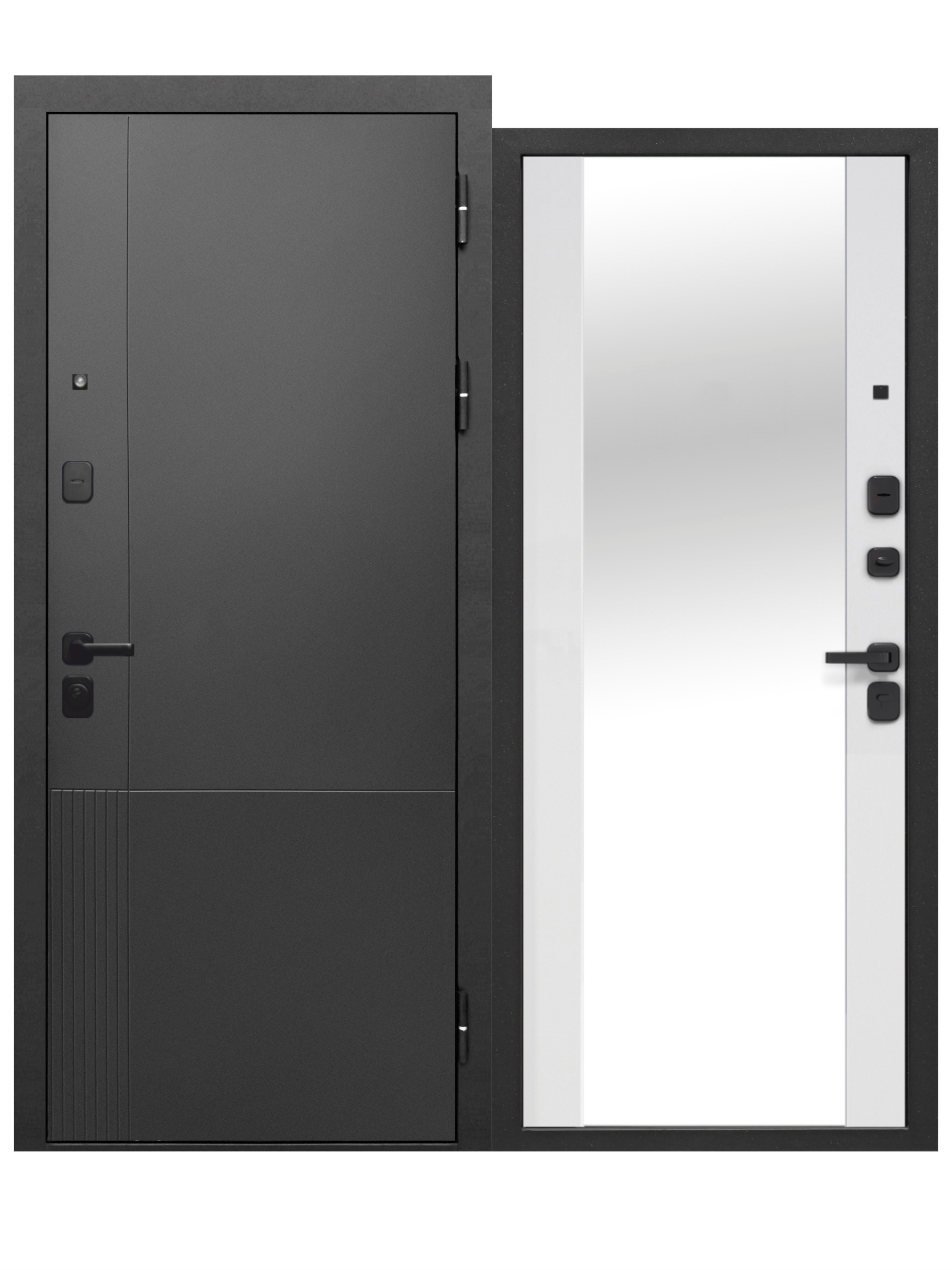 Изображение товара Входная дверь Бриз Штамп Нео МП, правый, 205x96 см, муар черный/эмалит белый с зеркалом