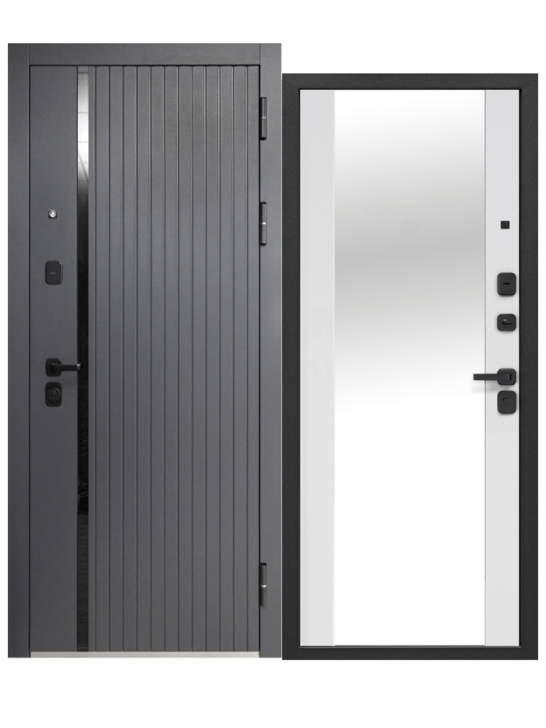 Изображение товара Входная дверь Бриз правый 205x86см цвет сатин графит/эмалит белый с зеркалом