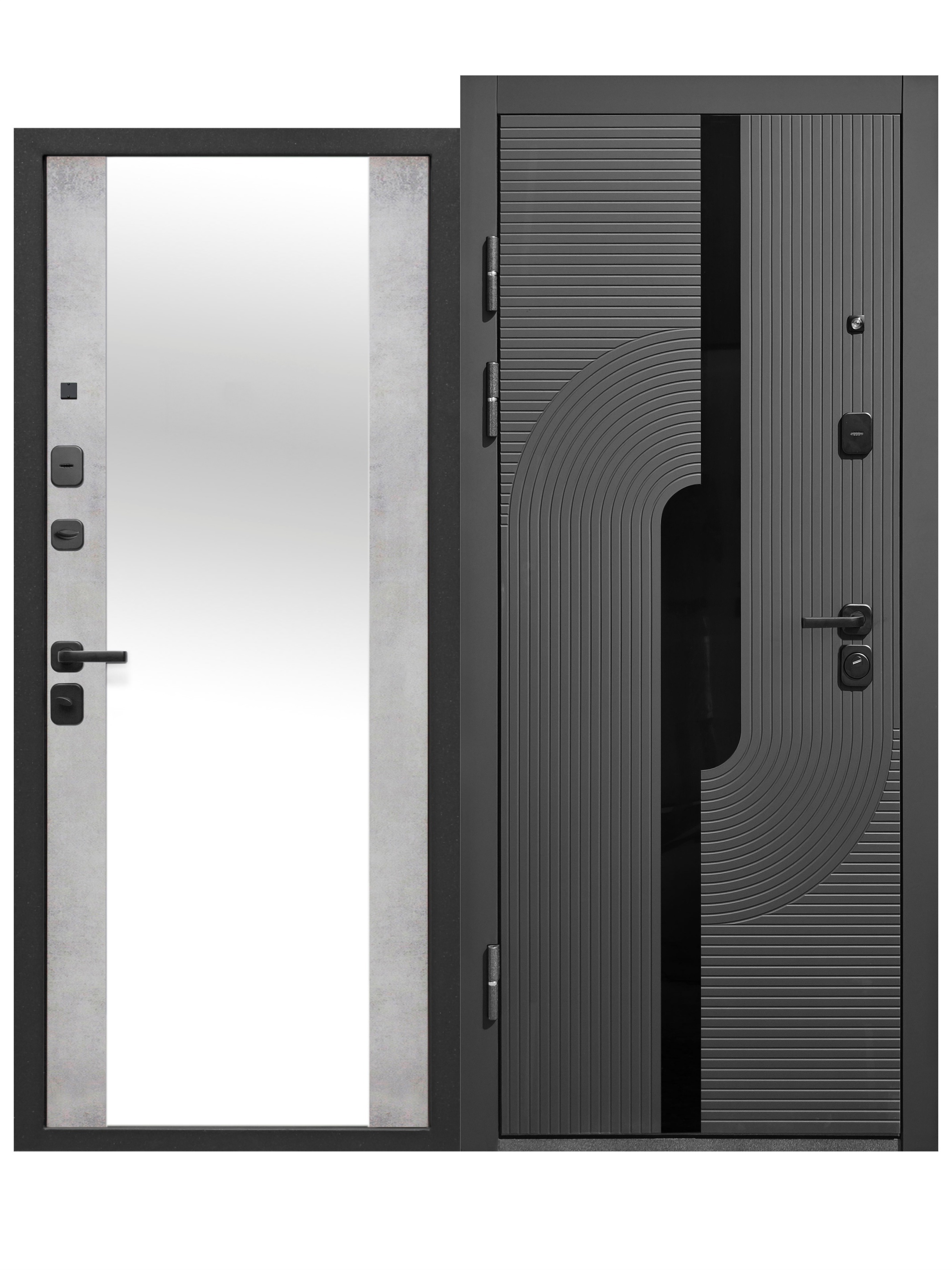 Изображение товара Входная дверь Бриз левый 205x96см цвет сатин черный/бетон снежный с зеркалом