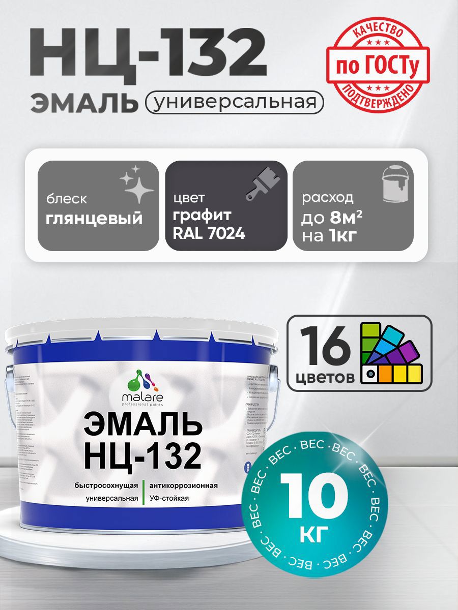 Изображение товара Эмаль универсальная Malare Professional НЦ_083 быстросохнущая цвет RAL 7024 графит глянцевая 10 кг