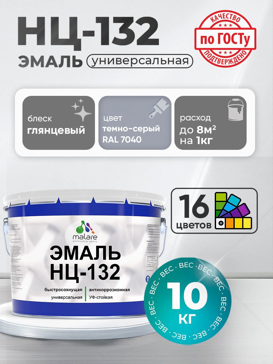 Изображение товара Эмаль универсальная Malare Professional НЦ_101 быстросохнущая цвет RAL 7040 темно-серый глянцевая 10 кг