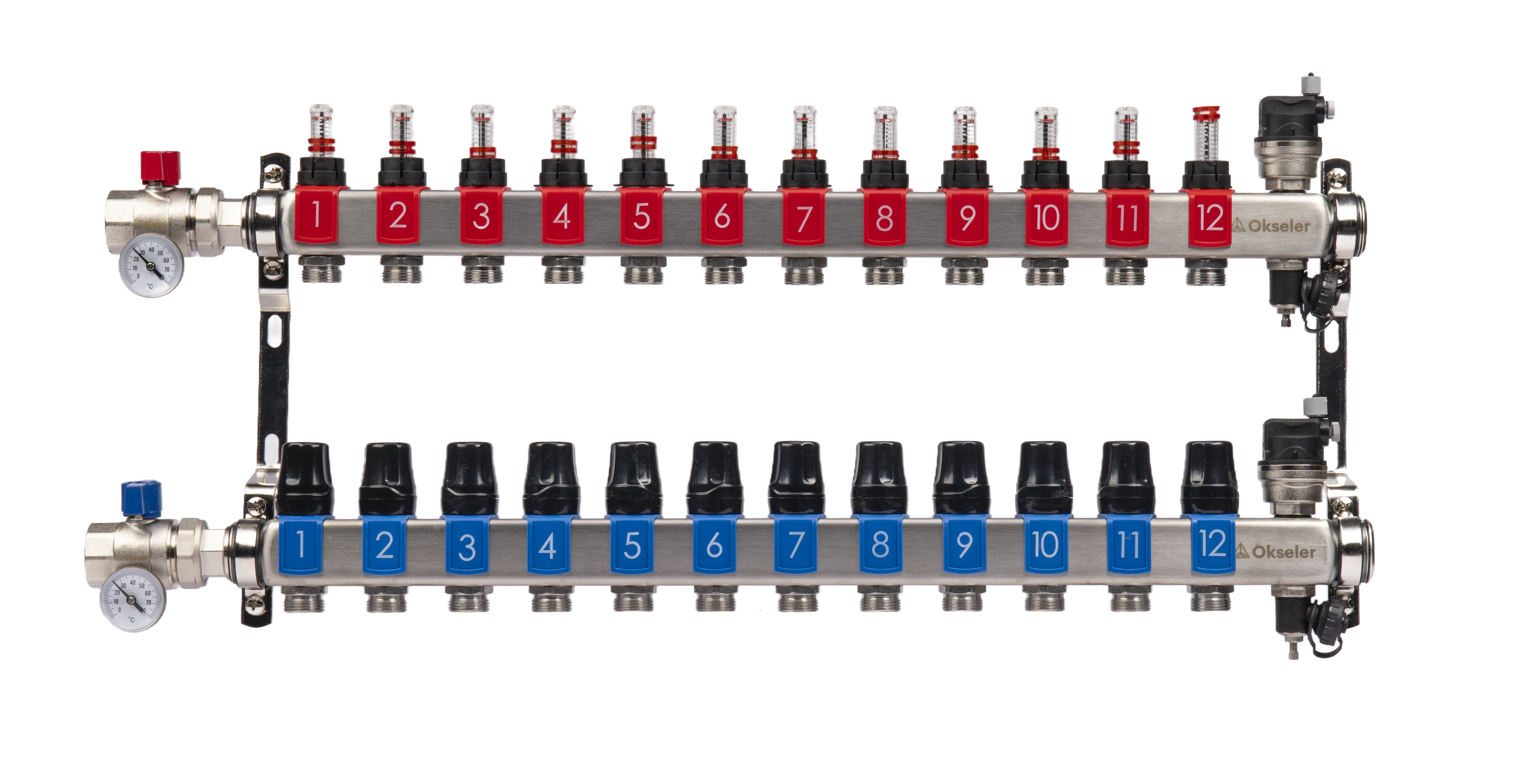 Изображение товара Коллекторная группа с расходомерами и воздухоотводчиками 12 выхов нержавеющая сталь Oks00693