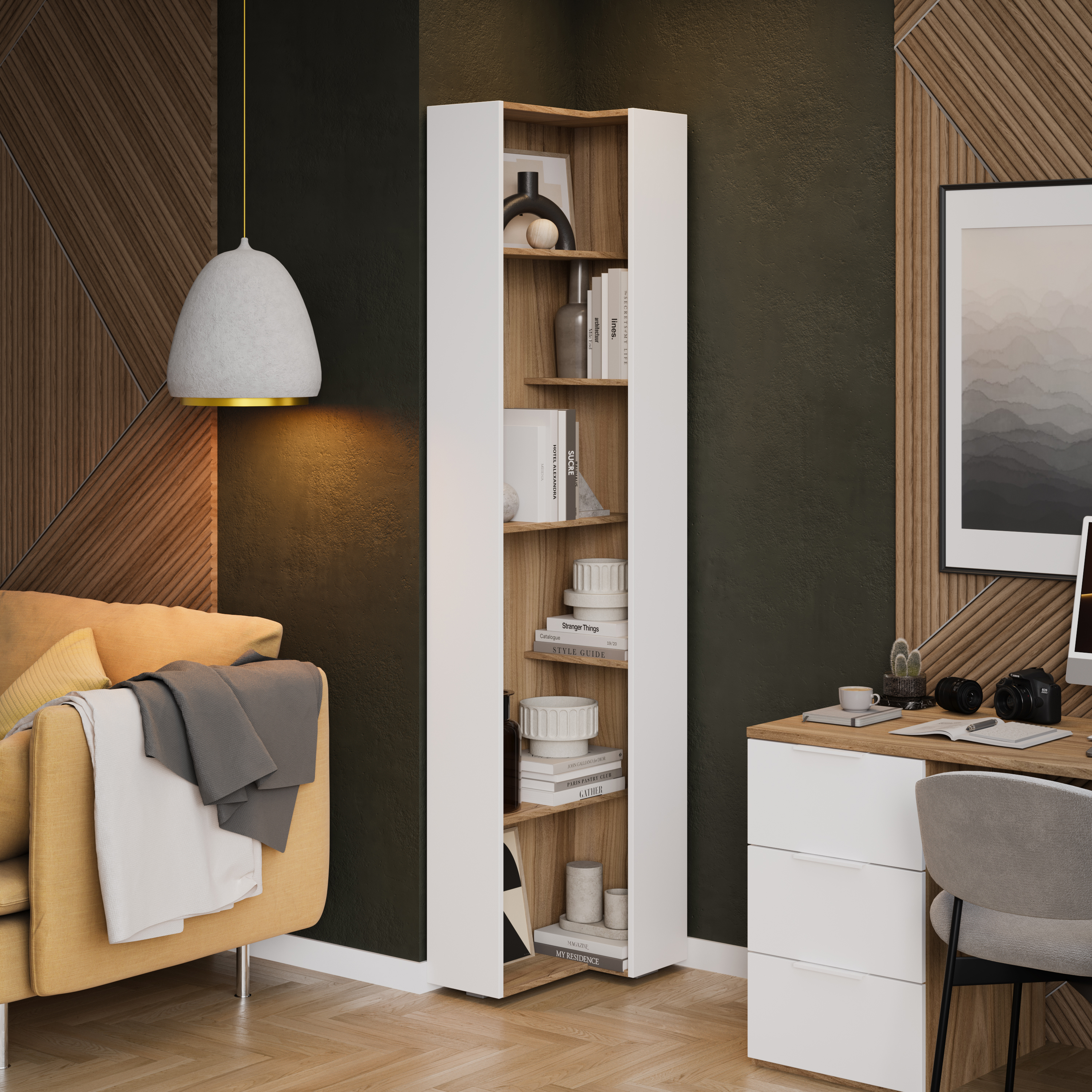 Изображение товара Стеллаж Трия Порто 5 полок 58x217x37 см ЛДСП цвет белый жемчуг/яблоня беллуно/белый софт