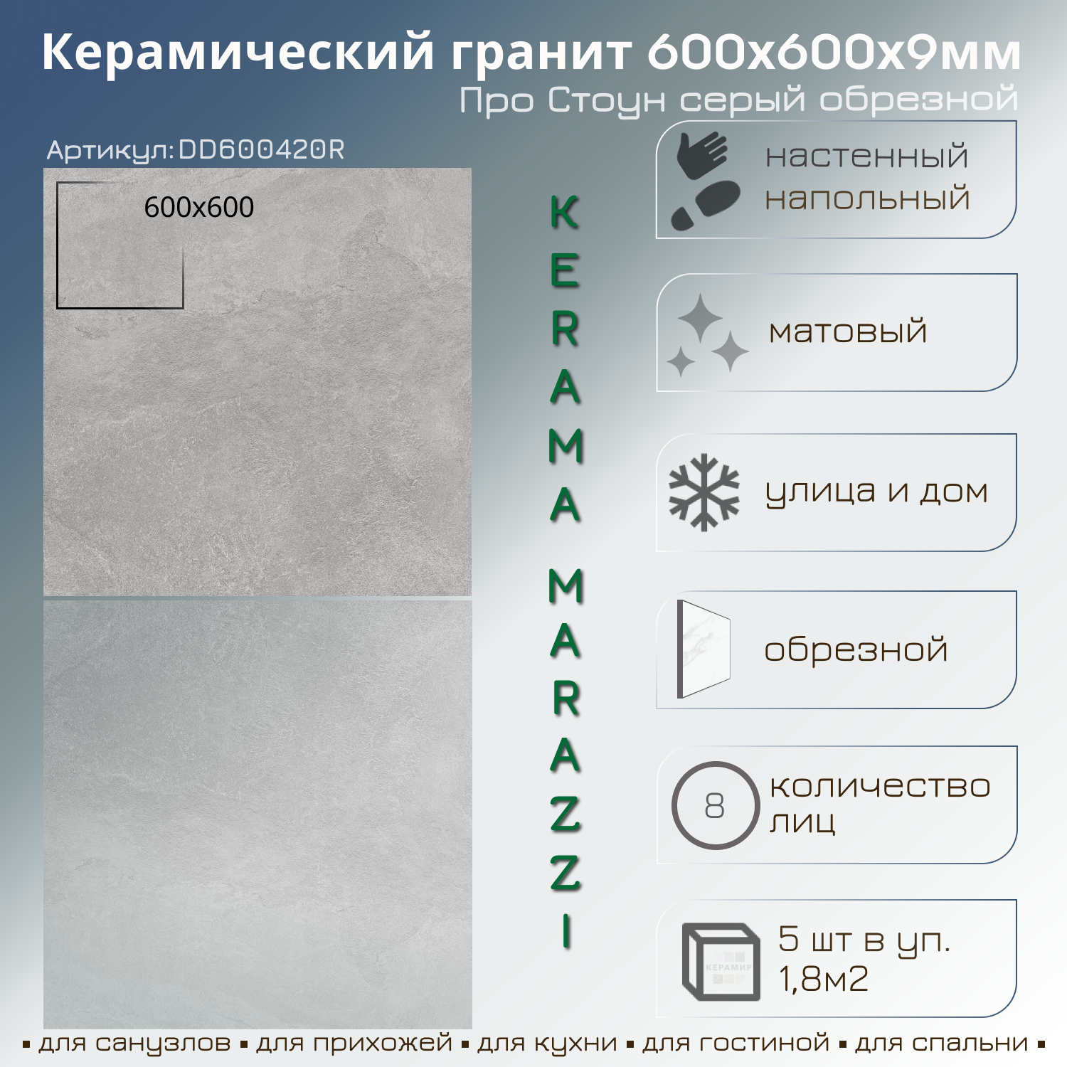 Изображение товара Керамогранит Kerama Marazzi DD600420R 60x60 см серый матовый для кафеля пола и стен