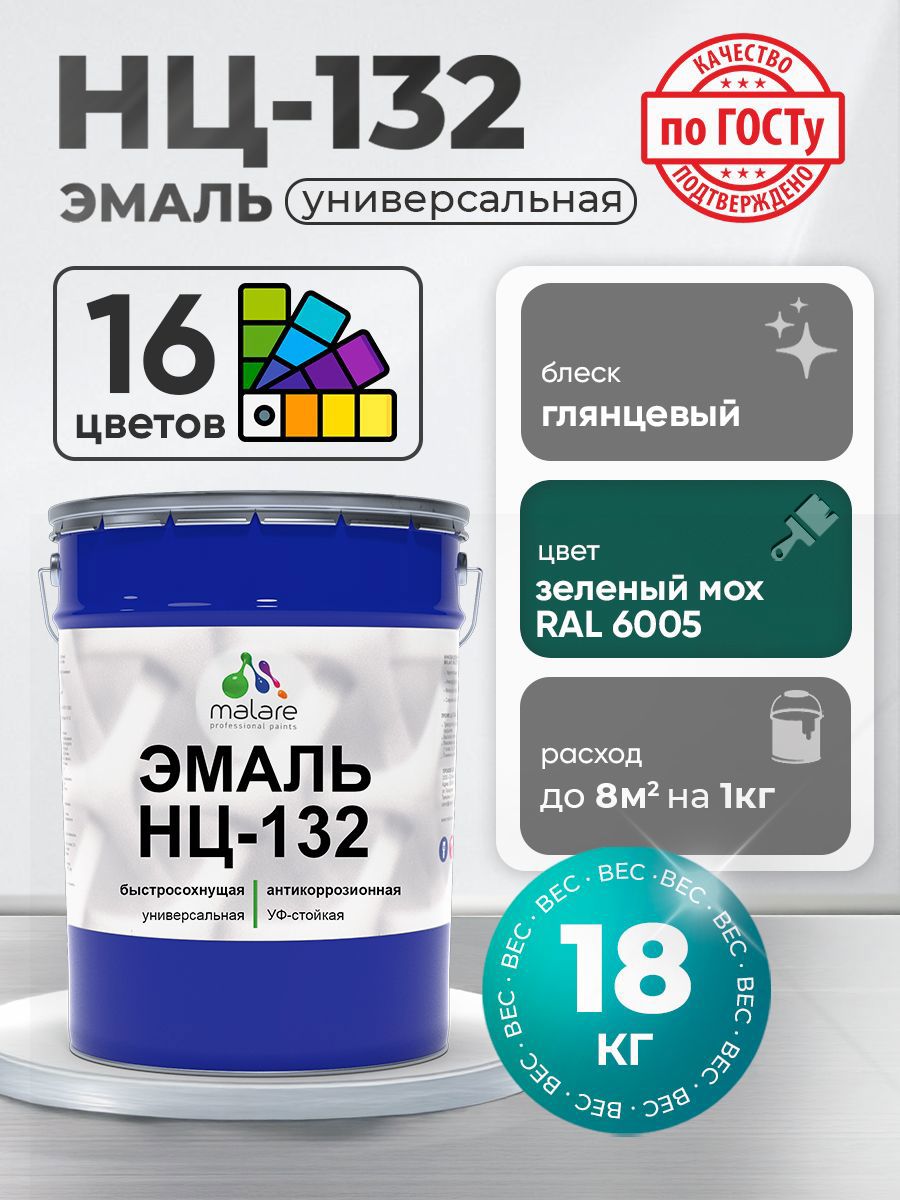 Изображение товара Эмаль MALARE НЦ-132 быстросохнущая зеленый мох 18 кг для наружных и внутренних работ