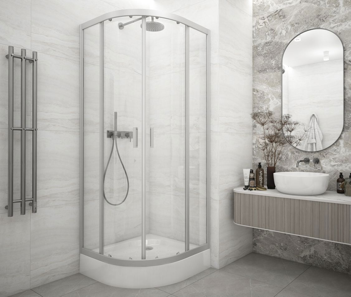 Изображение товара Душевой уголок Метакам 1/4 круга 80x80 см серый профиль прозрачное стекло раздвижной