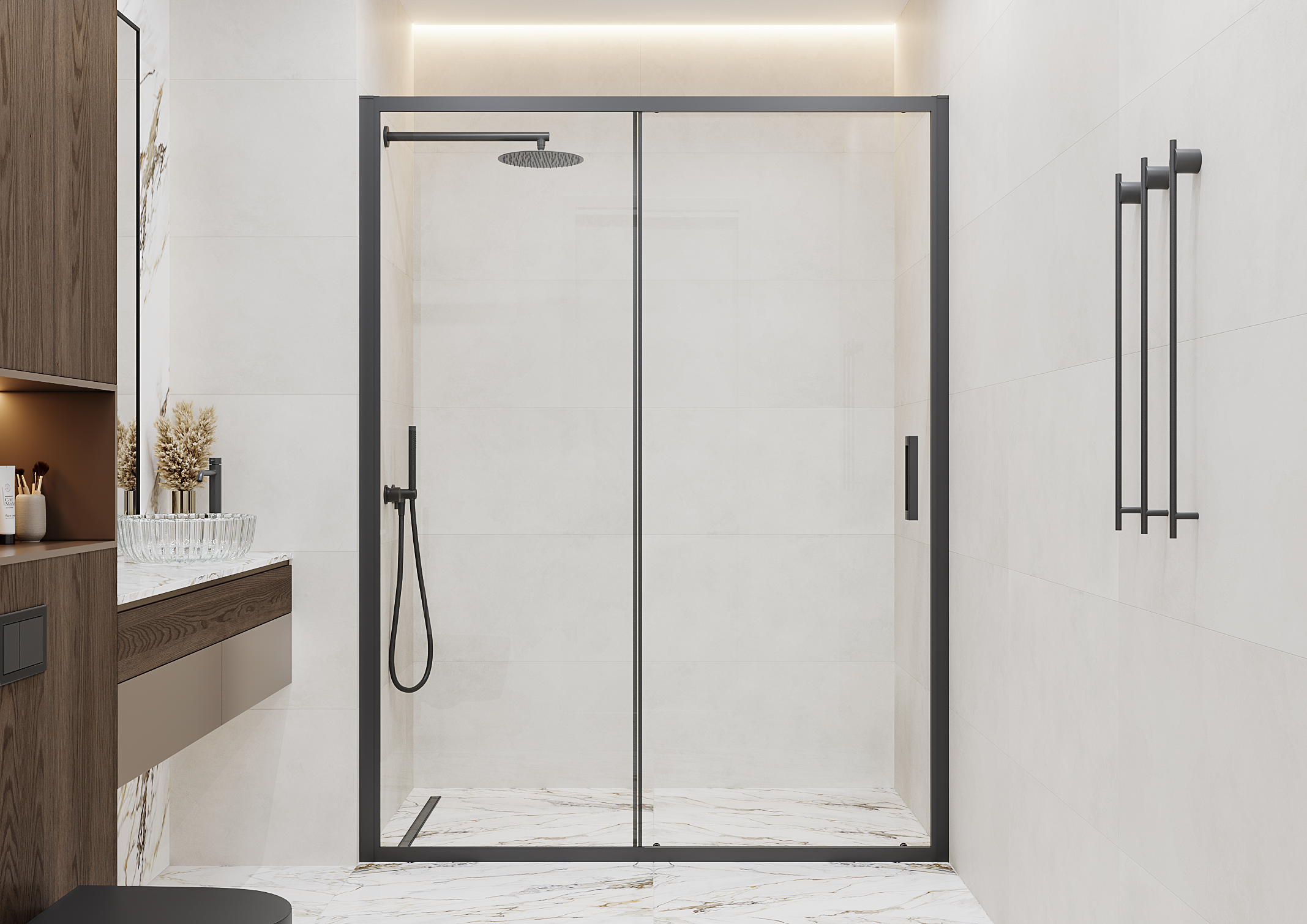 Изображение товара Душевая дверь Март Квадро 195x150 см черная раздвижная из закаленного стекла