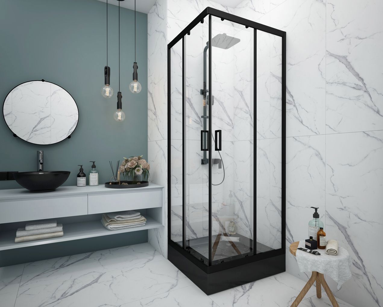 Изображение товара Душевой уголок Метакам квадратный 80x80 см черный профиль прозрачное стекло раздвижной