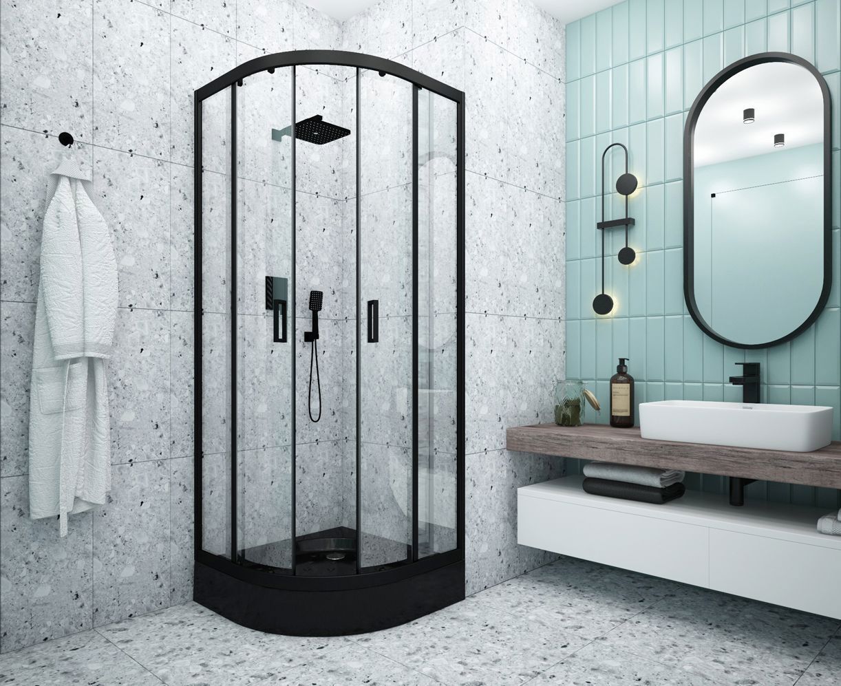 Изображение товара Душевой уголок Метакам 1/4 круга 80x80 см черный профиль прозрачное стекло раздвижной