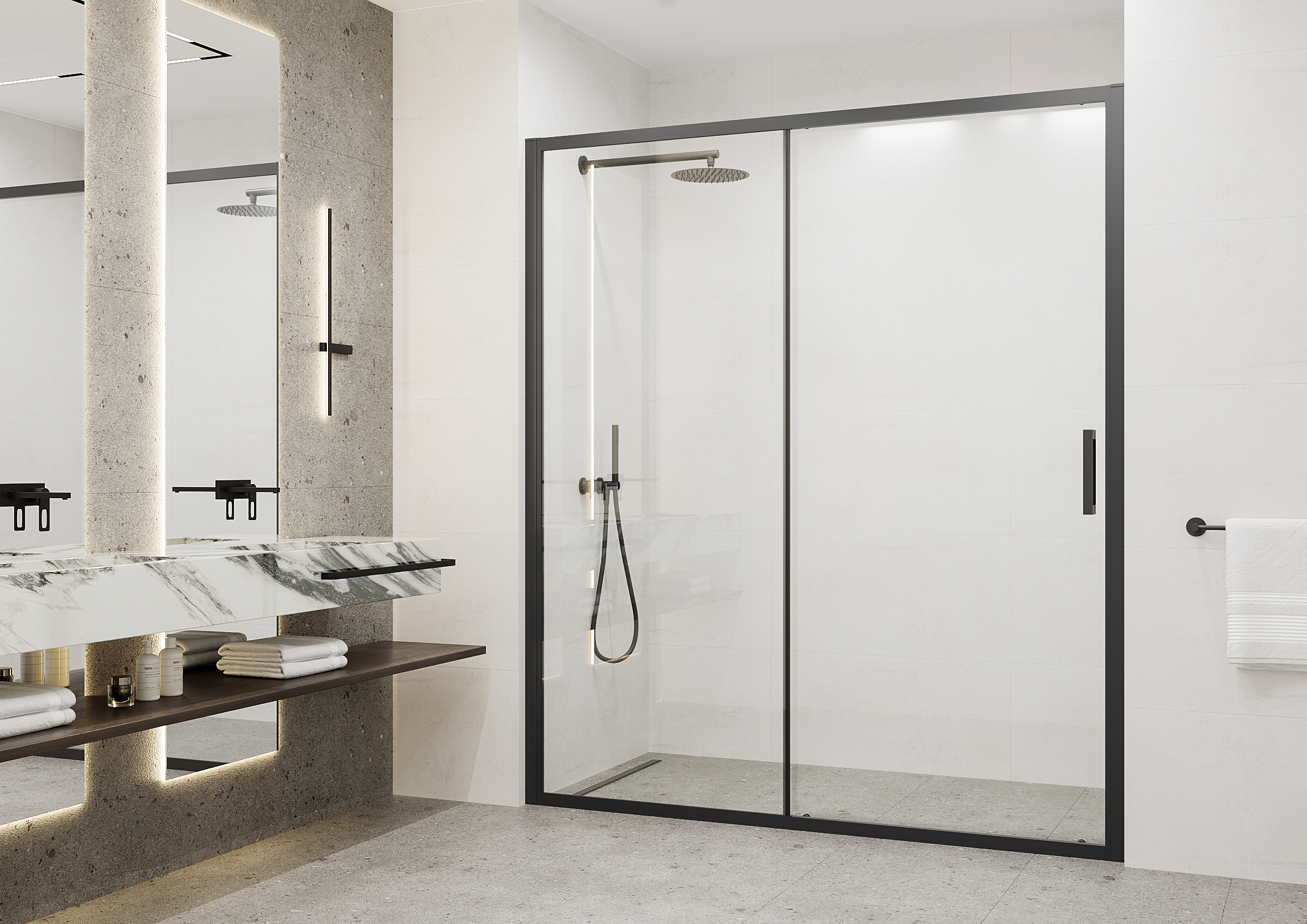 Изображение товара Душевая дверь в нишу Март Квадро 195x170 см черный профиль прозрачное стекло раздвижная