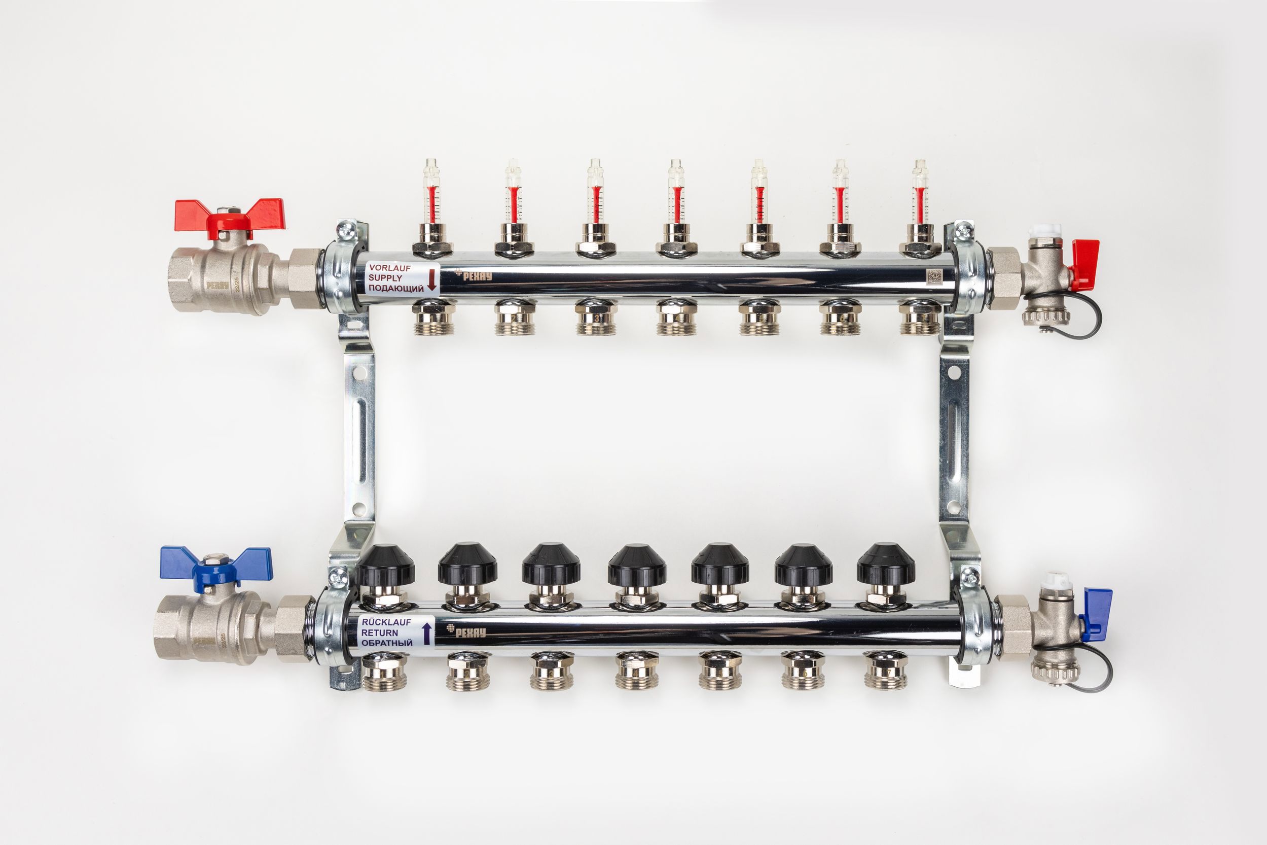 Изображение товара Коллекторная группа с расходомерами и шаровыми кранами Рехау HKV-D 1"x3/4" евроконус 7 выходов нержавеющая сталь