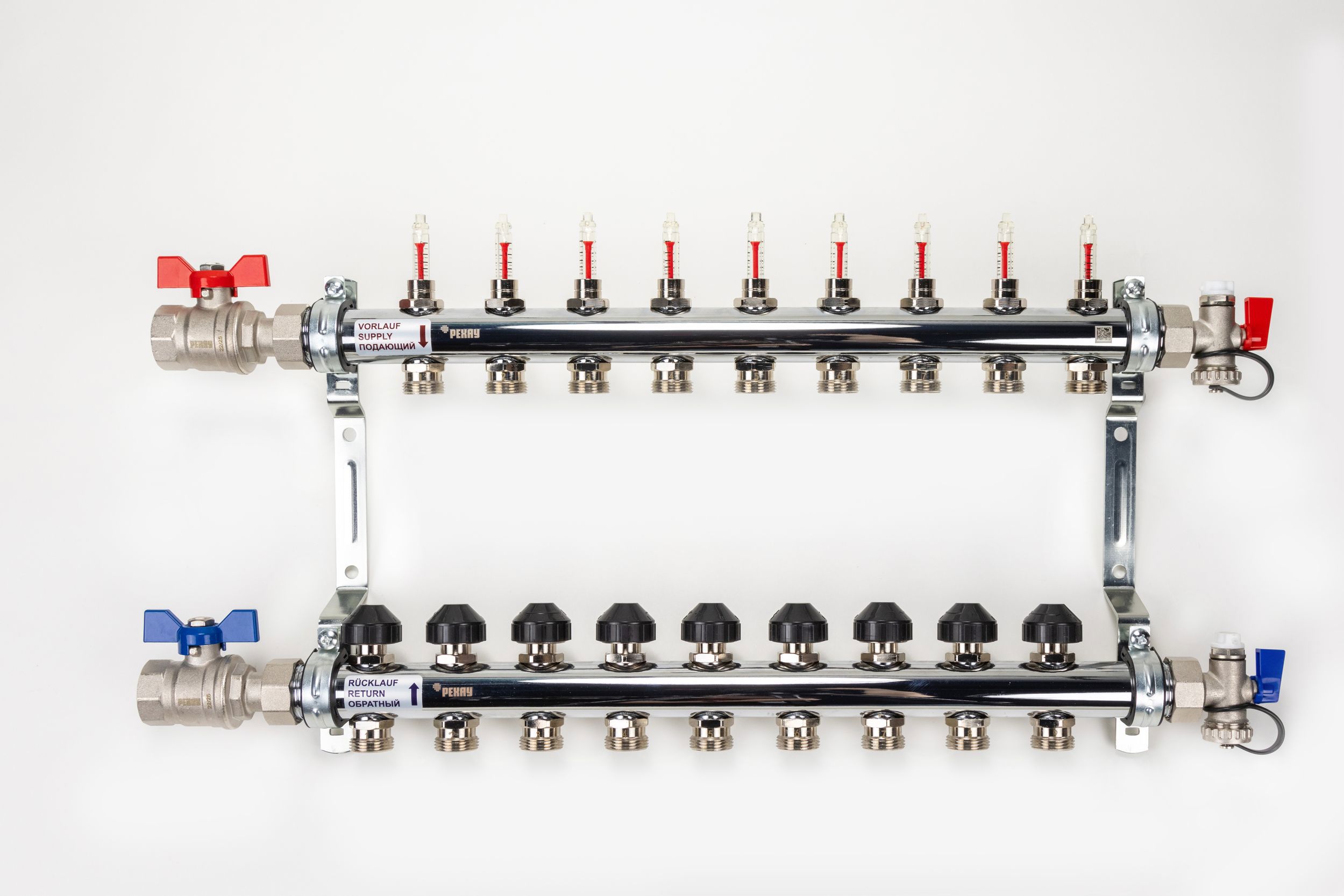 Изображение товара Коллекторная группа с расходомерами и шаровыми кранами Рехау HKV-D 1"x3/4" евроконус 9 выходов нержавеющая сталь
