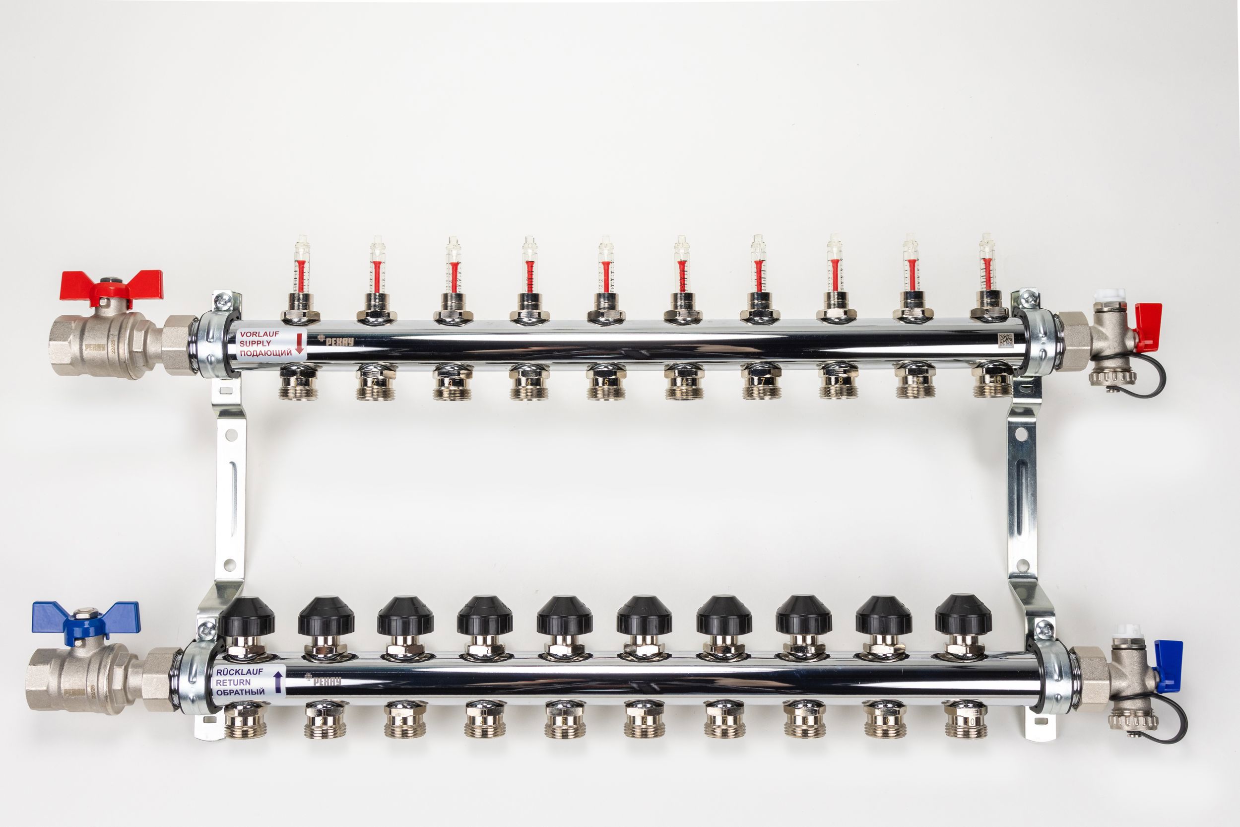 Изображение товара Коллекторная группа с расходомерами и шаровыми кранами Рехау HKV-D 1"x3/4" евроконус 10 выходов нержавеющая сталь