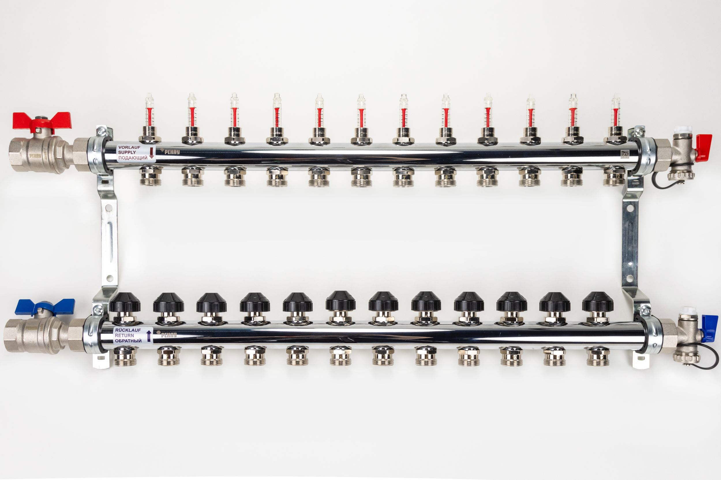 Изображение товара Коллекторная группа с расходомерами и шаровыми кранами Рехау HKV 1"x3/4" евроконус 12 выходов нержавеющая сталь