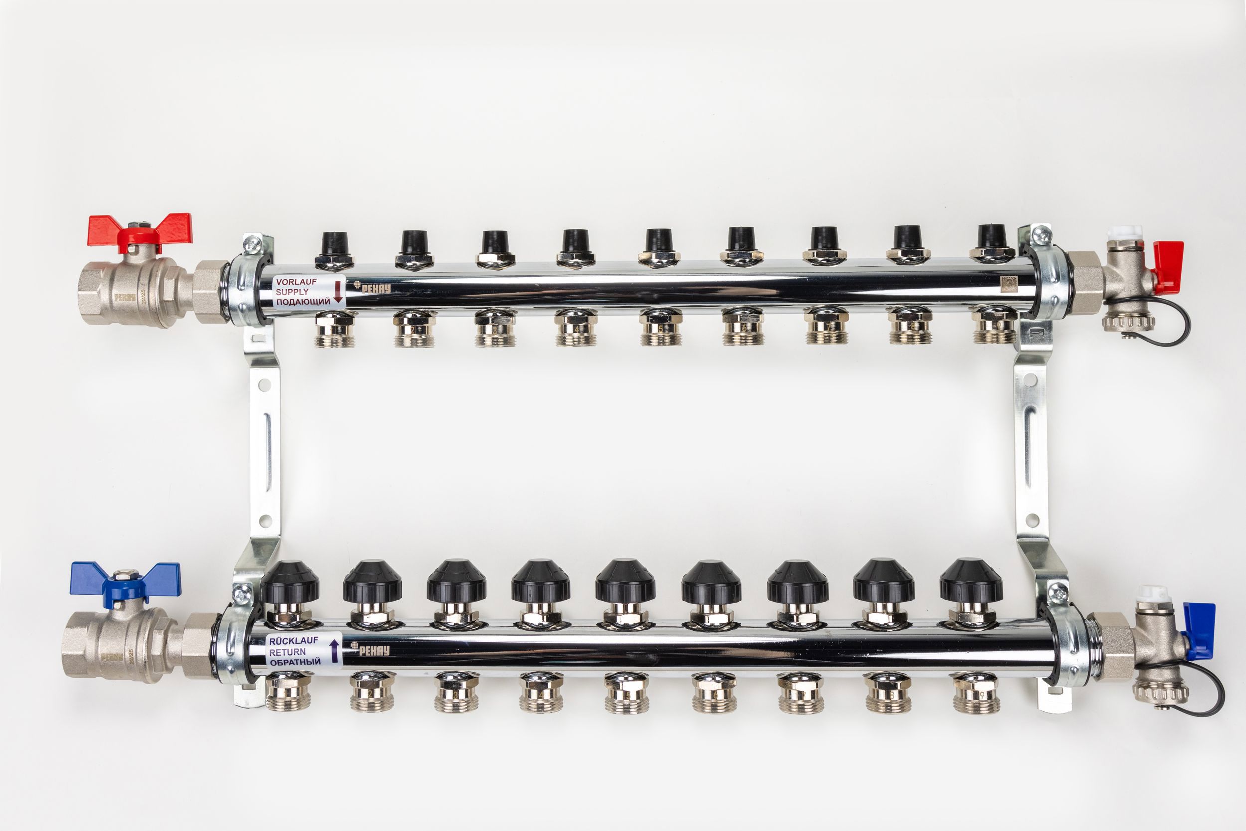 Изображение товара Коллекторная группа с шаровыми кранами Рехау HKV 1"x3/4" евроконус 9 выходов нержавеющая сталь