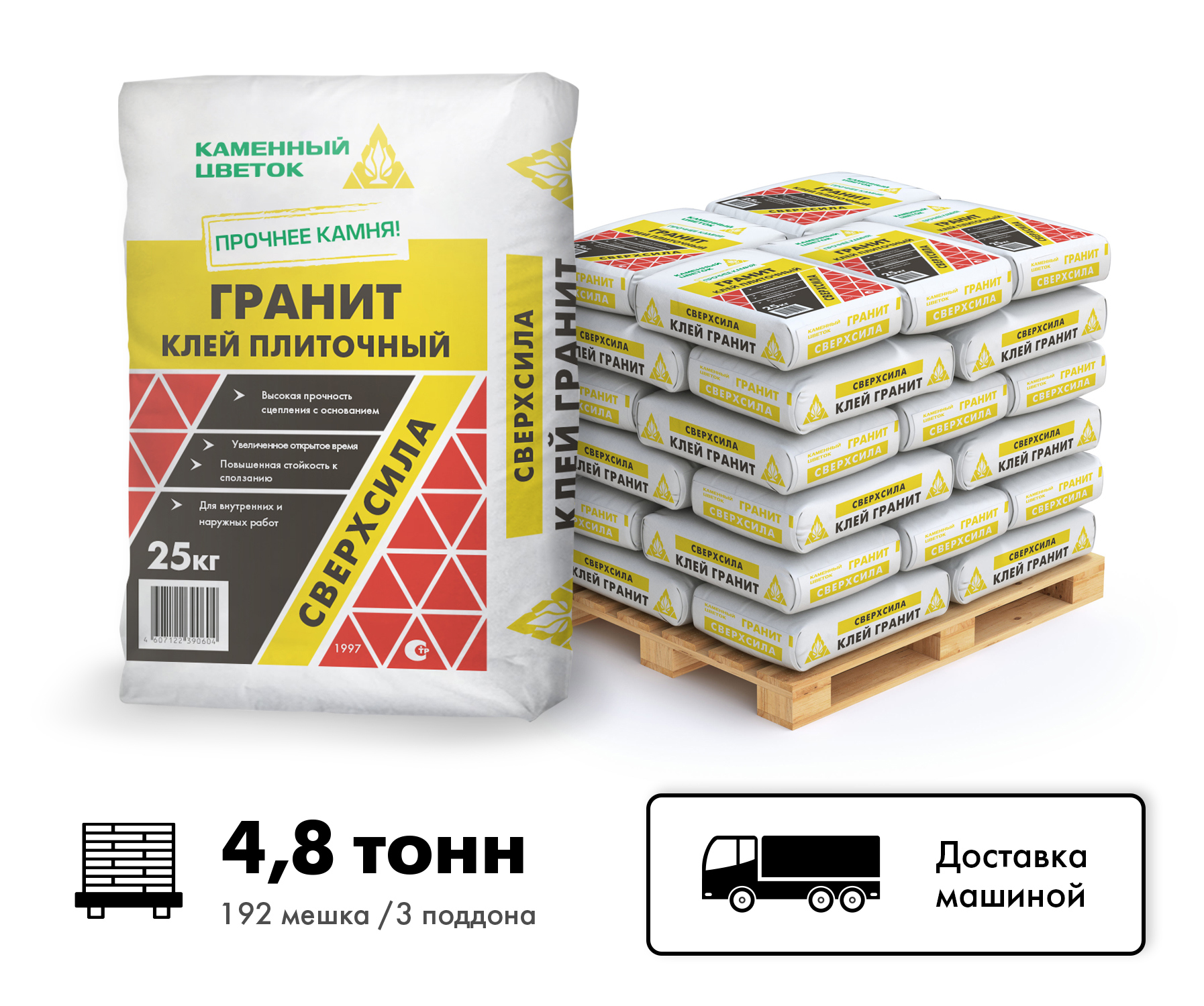 Изображение товара Клей для плитки и керамогранита крупных форматов C1TE ТМ Каменный цветок Гранит цвет серый комплект 25кг x 192шт машиной без выгрузки