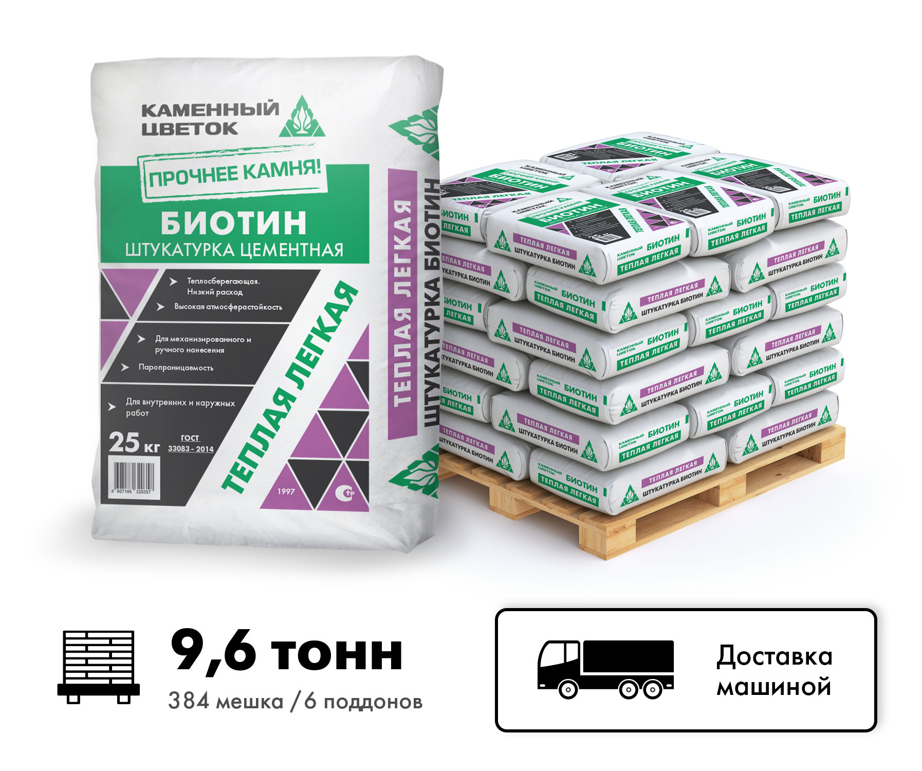 Изображение товара Штукатурка цементная теплая легкая ТМ Каменный цветок Биотин цвет серый комплект 25кг x 384шт машиной без выгрузки