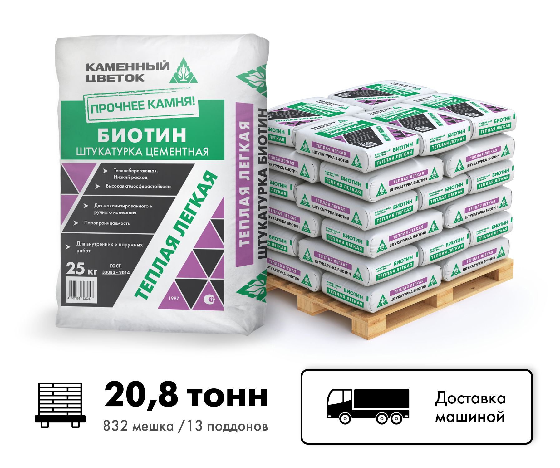 Изображение товара Штукатурка цементная теплая легкая ТМ Каменный цветок Биотин цвет серый комплект 25кг x 832шт машиной без выгрузки