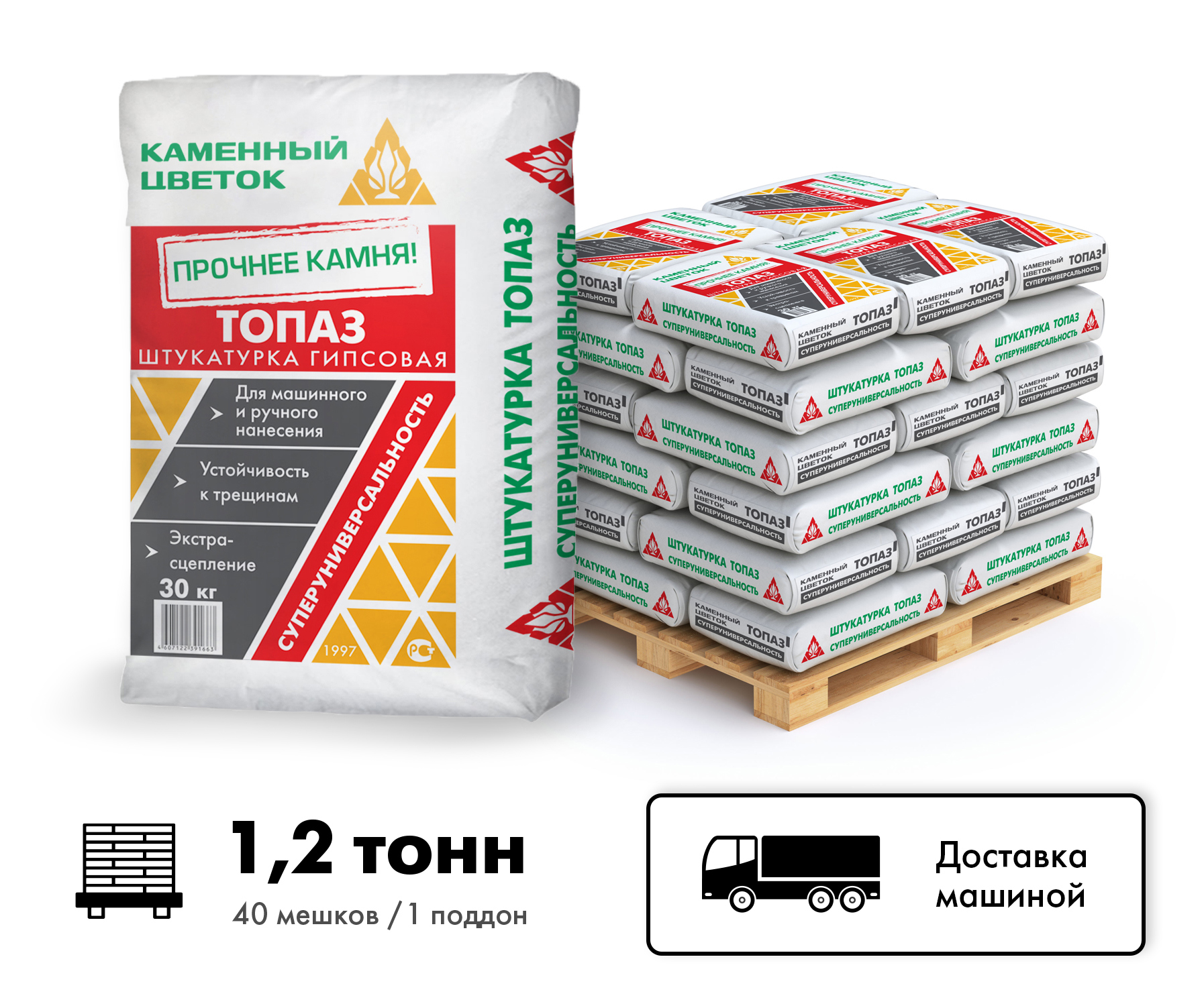 Изображение товара Штукатурка гипсовая легкая ТМ Каменный цветок Топаз цвет серый комплект 30кг x 40шт машиной без выгрузки