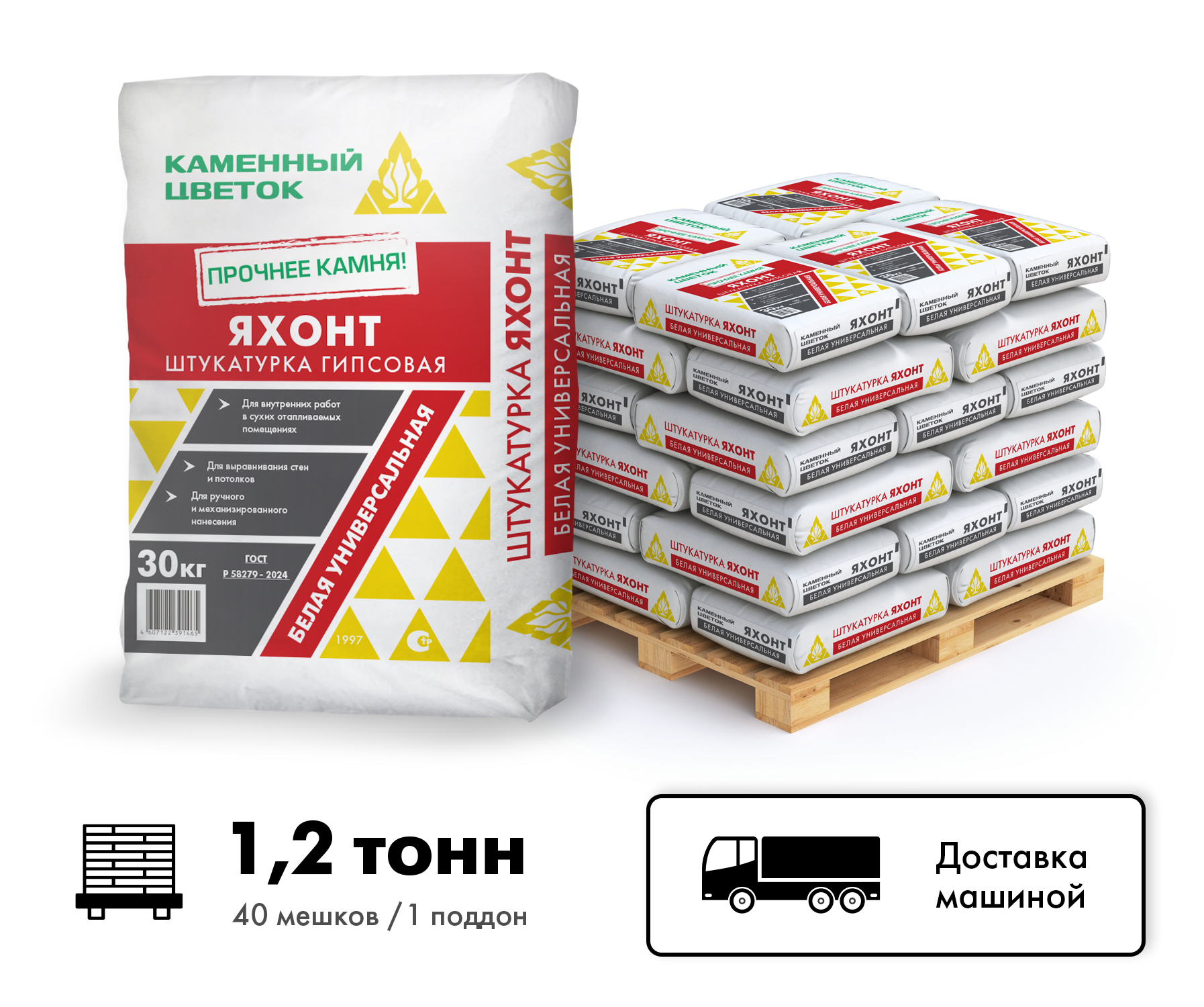 Изображение товара Штукатурка гипсовая универсальная ТМ Каменный цветок Яхонт цвет белый комплект 30кг x 40шт машиной без выгрузки Изображение товара Штукатурка гипсовая универсальная ТМ Каменный цветок Яхонт цвет белый комплект 30кг x 40шт машиной без выгрузки