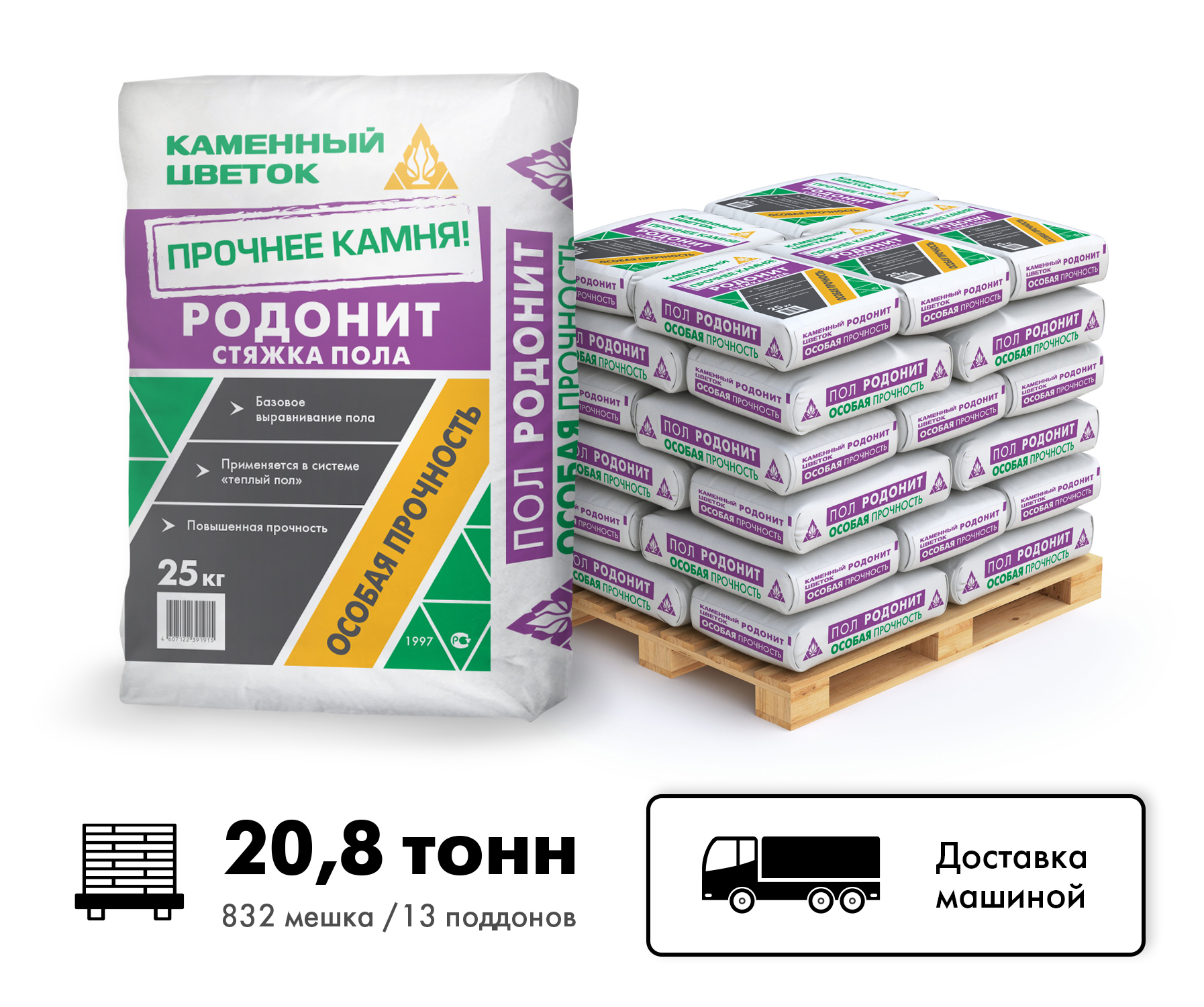 Изображение товара Стяжка пола ТМ Каменный цветок Родонит цвет серый комплект 25кг x 832шт машиной без выгрузки