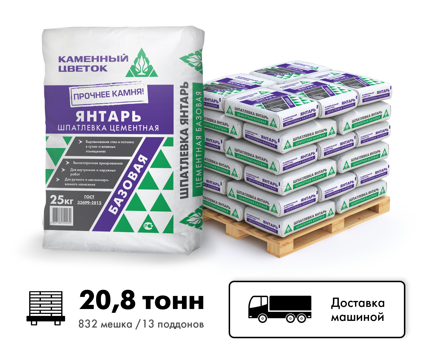 Изображение товара Шпатлевка цементная базовая ТМ Каменный цветок Янтарь цвет серый комплект 25кг x 832шт машиной без выгрузки