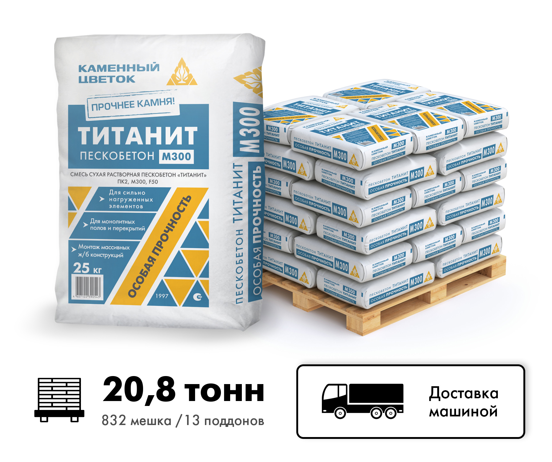 Изображение товара Пескобетон ТМ Каменный цветок Титанит М300 цвет серый комплект 25кг x 832шт машиной без выгрузки