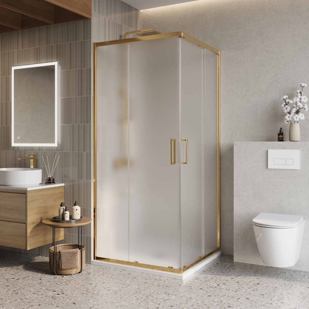 Изображение товара Душевой уголок Belbagno LUCE-A-2-90-P-ORO квадратная 90x90см золото профиль эффект стекла рифленый