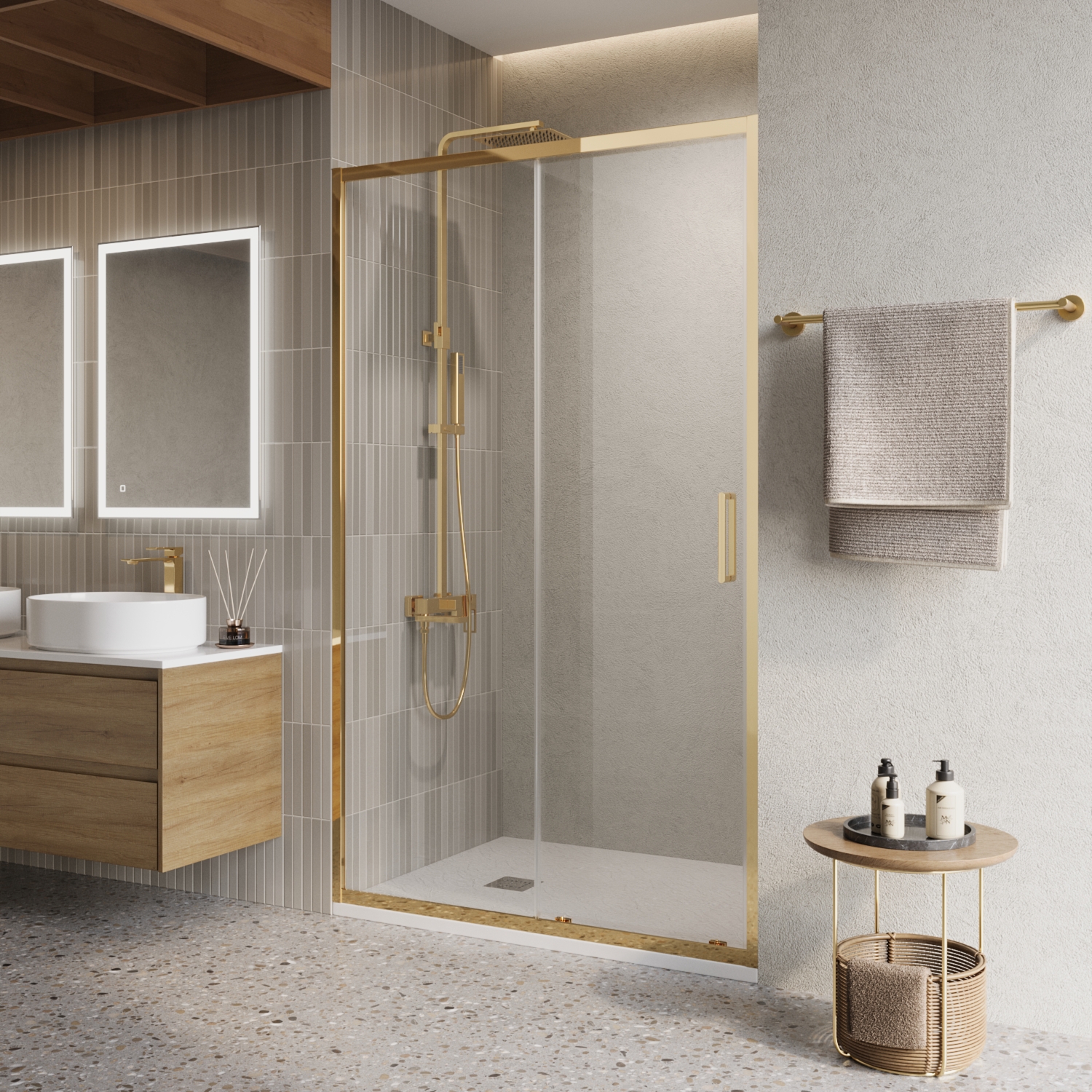 Изображение товара Душевая дверь Belbagno LUCE-BF-1-100-C-ORO 100см эффект стекла прозрачный раздвижной