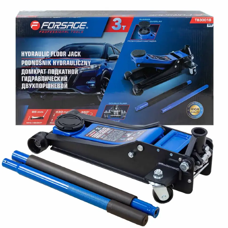 Изображение товара Forsage F-T830018 HT — подкатной гидравлический домкрат 3 т, высота 85–430 мм