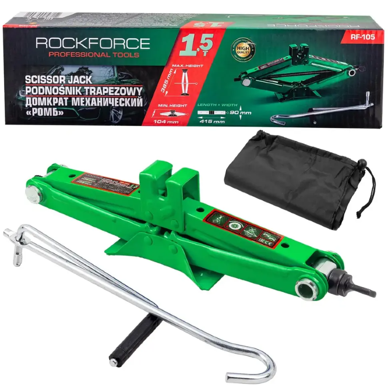 Изображение товара Домкрат ромбовый механический Rockforce RF-105 до 1.5 т, 104-385 мм Изображение товара Домкрат ромбовый механический Rockforce RF-105 до 1.5 т, 104-385 мм