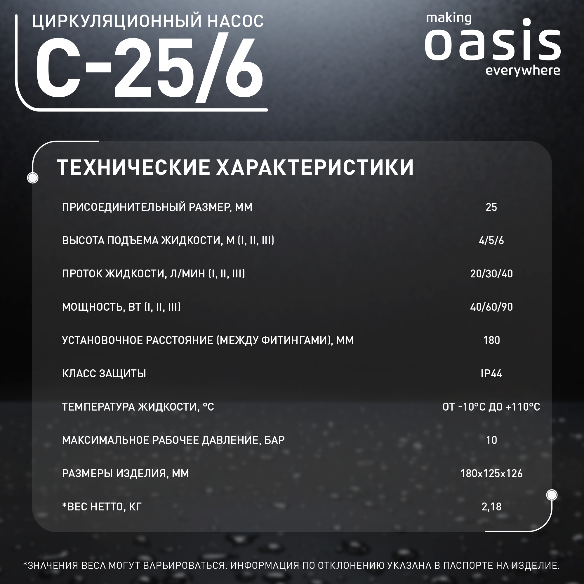 Циркуляционный насос Oasis 25/6 180 мм с гайками 1" - 14
