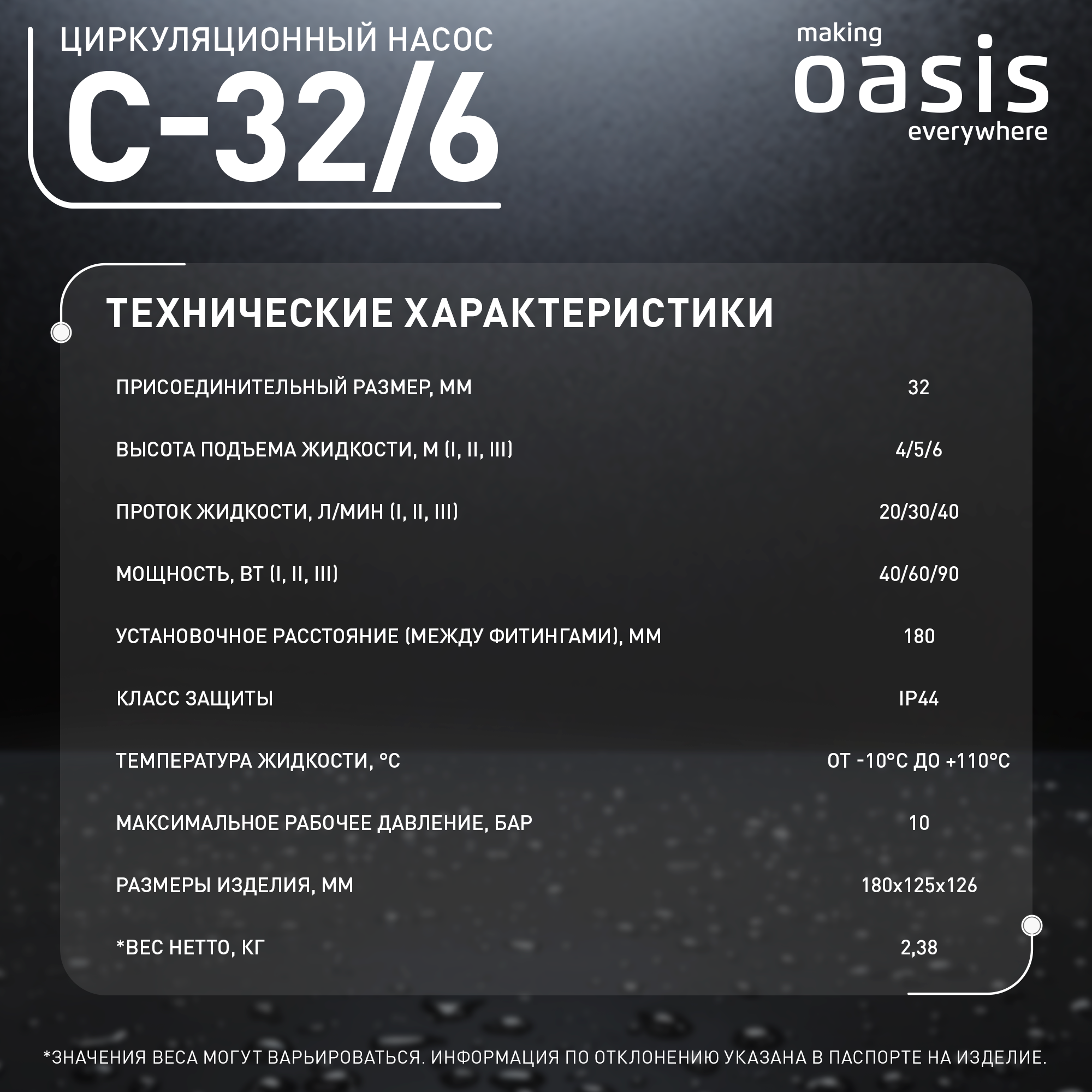 Циркуляционный насос Oasis 32/6 180 мм с гайками 1 1/4" - 14