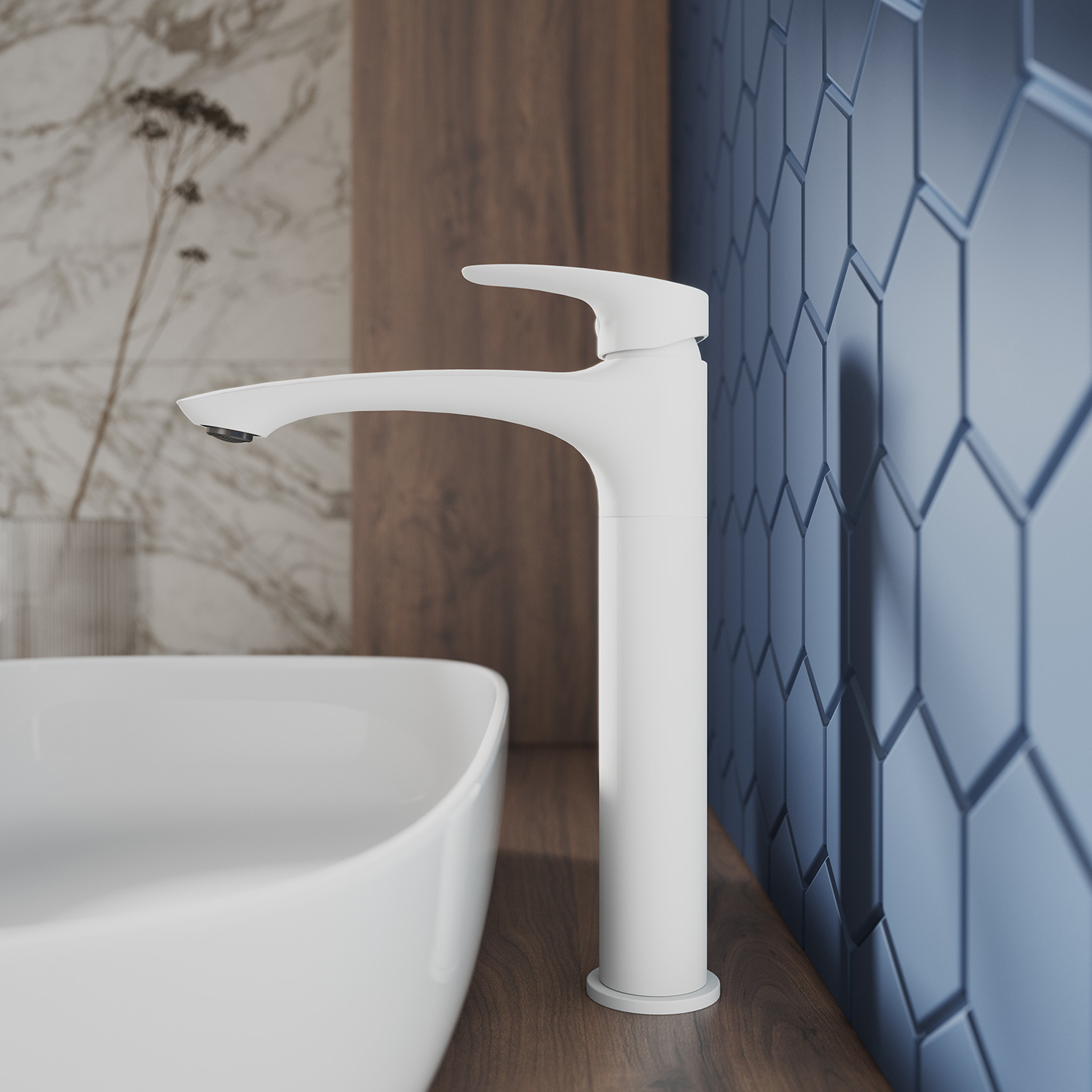 Изображение товара Высокий однорычажный смеситель для раковины Milardo Rora белый матовый