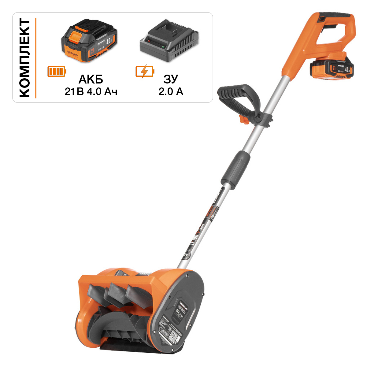 Изображение товара Аккумуляторный снегоуборщик Daewoo DAST 3221Li SET, 30 см, 21 В, легкий и мощный
