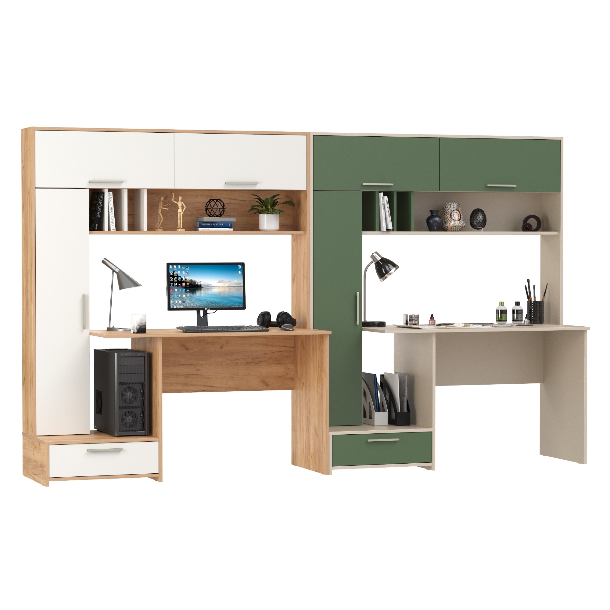 Изображение товара Стол письменный Mobi Лайт 300x180x57 см ЛДСП цвет дуб крафт золотой/белый премиум/сатин/дымчатый зелёный 2 шт.