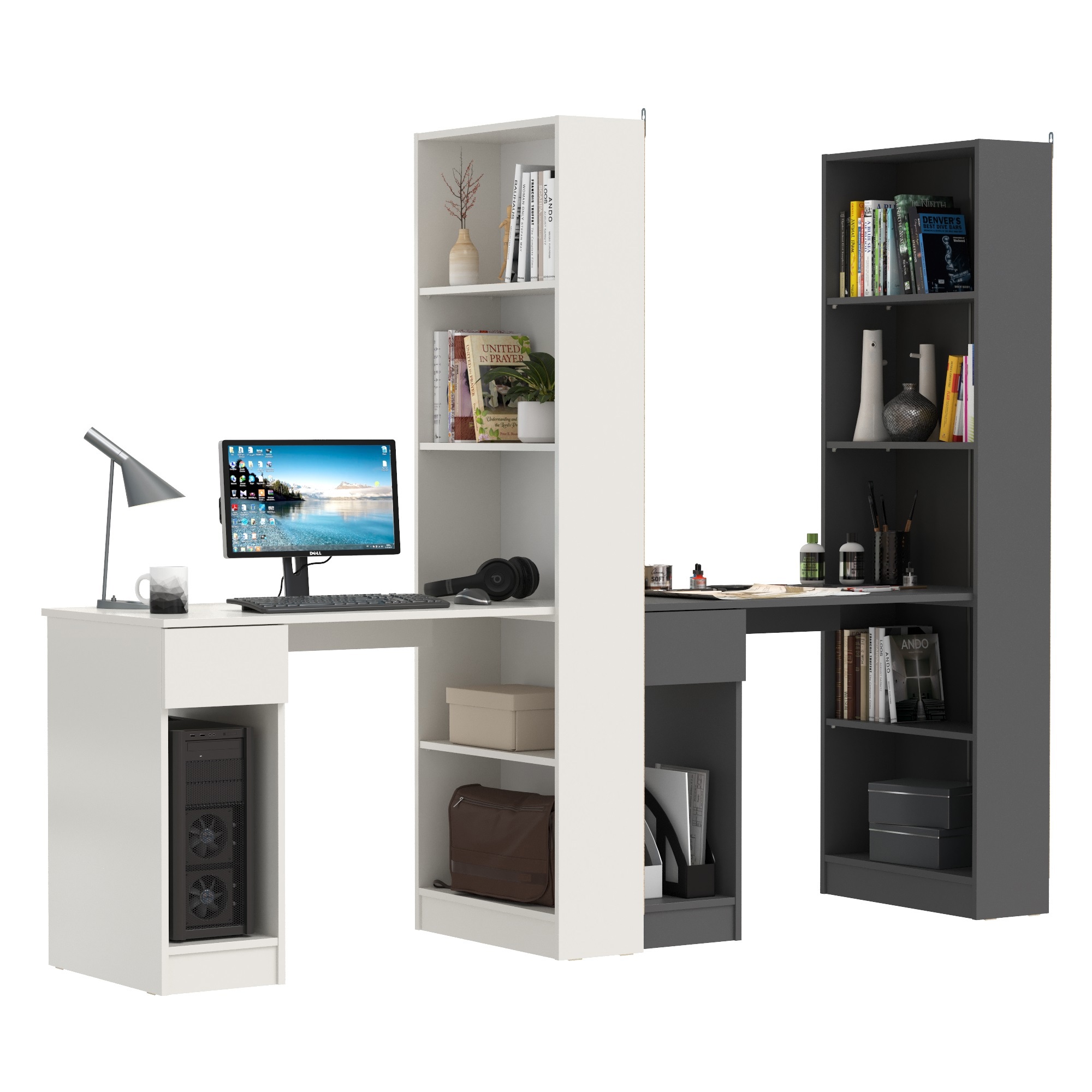 Изображение товара Стол письменный со стеллажом Mobi Лайт 231х179х58 см комплектация 2 шт цвет белый и тёмно-серый