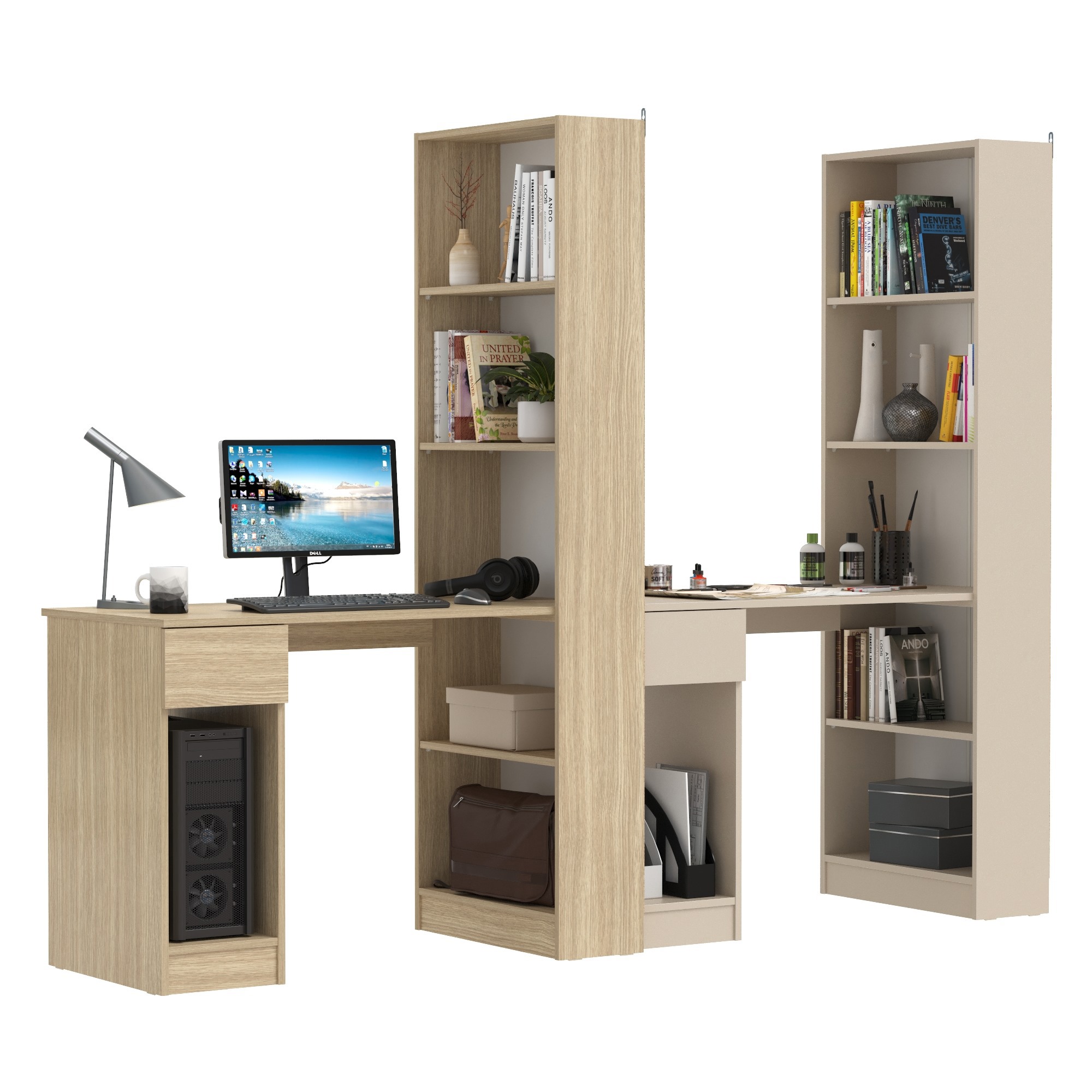 Изображение товара Стол письменный со стеллажом Mobi Лайт 231x179x58 см из ЛДСП бежевый