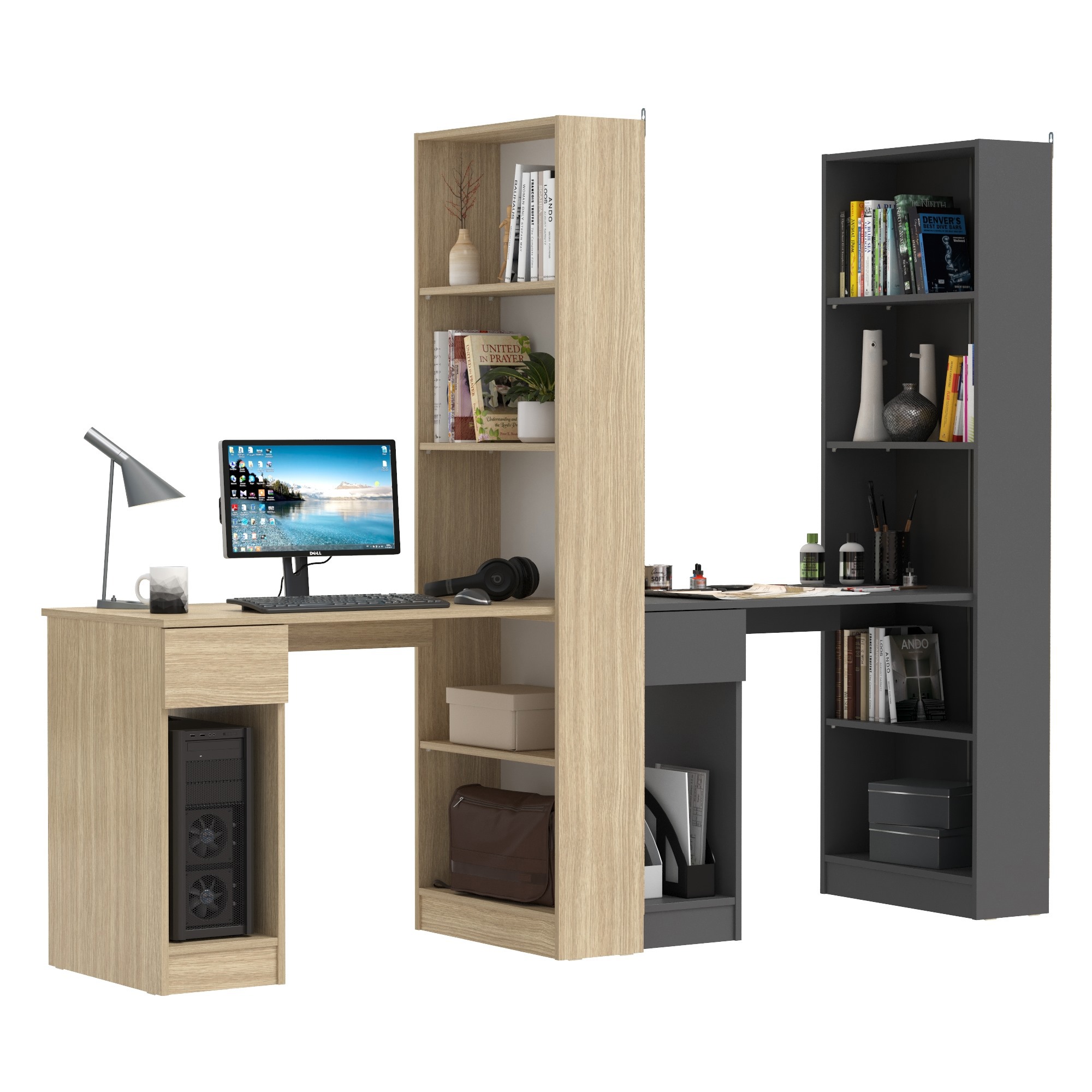 Изображение товара Комплект компьютерных столов со стеллажом Mobi Лайт 231x179x58 см ламинированная ДСП