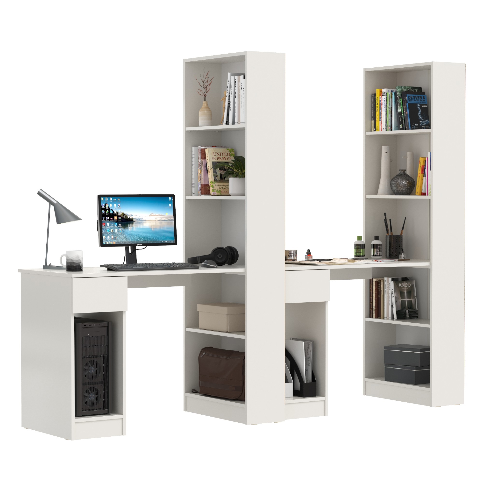 Изображение товара Компьютерный стол со стеллажом MOBI Лайт 231x179x58 см белый комплект 2 шт