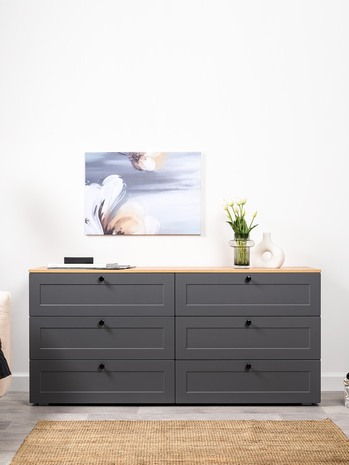 Изображение товара Комод Mobi Остин 16.240 6 ящиков 160х42х75 см ЛДСП цвет серый графит/дуб крафт золотой