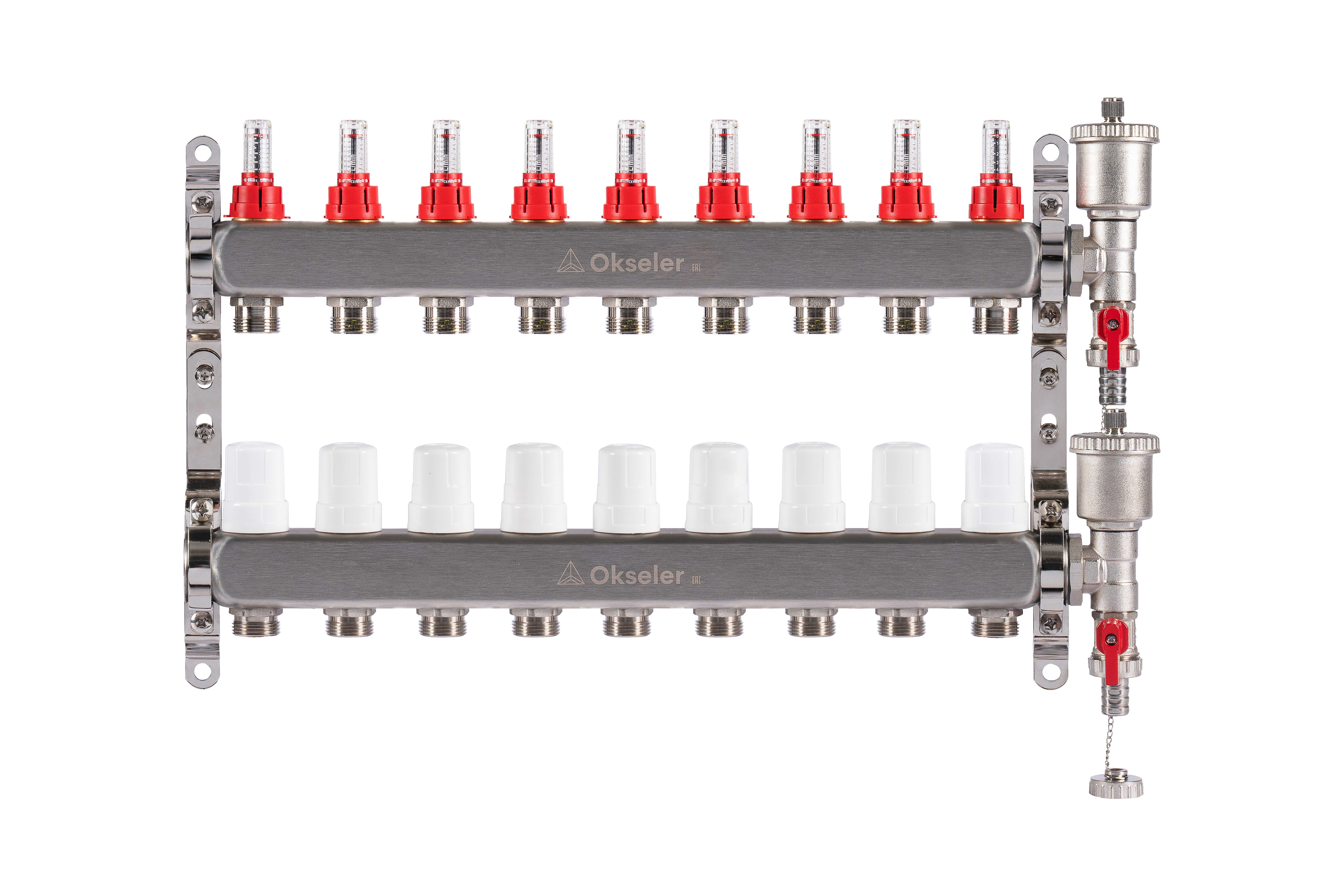 Изображение товара Коллекторная группа с расходомерами Okseler Oks00347 1"x3/4" евроконус 9 выходов нержавеющая сталь