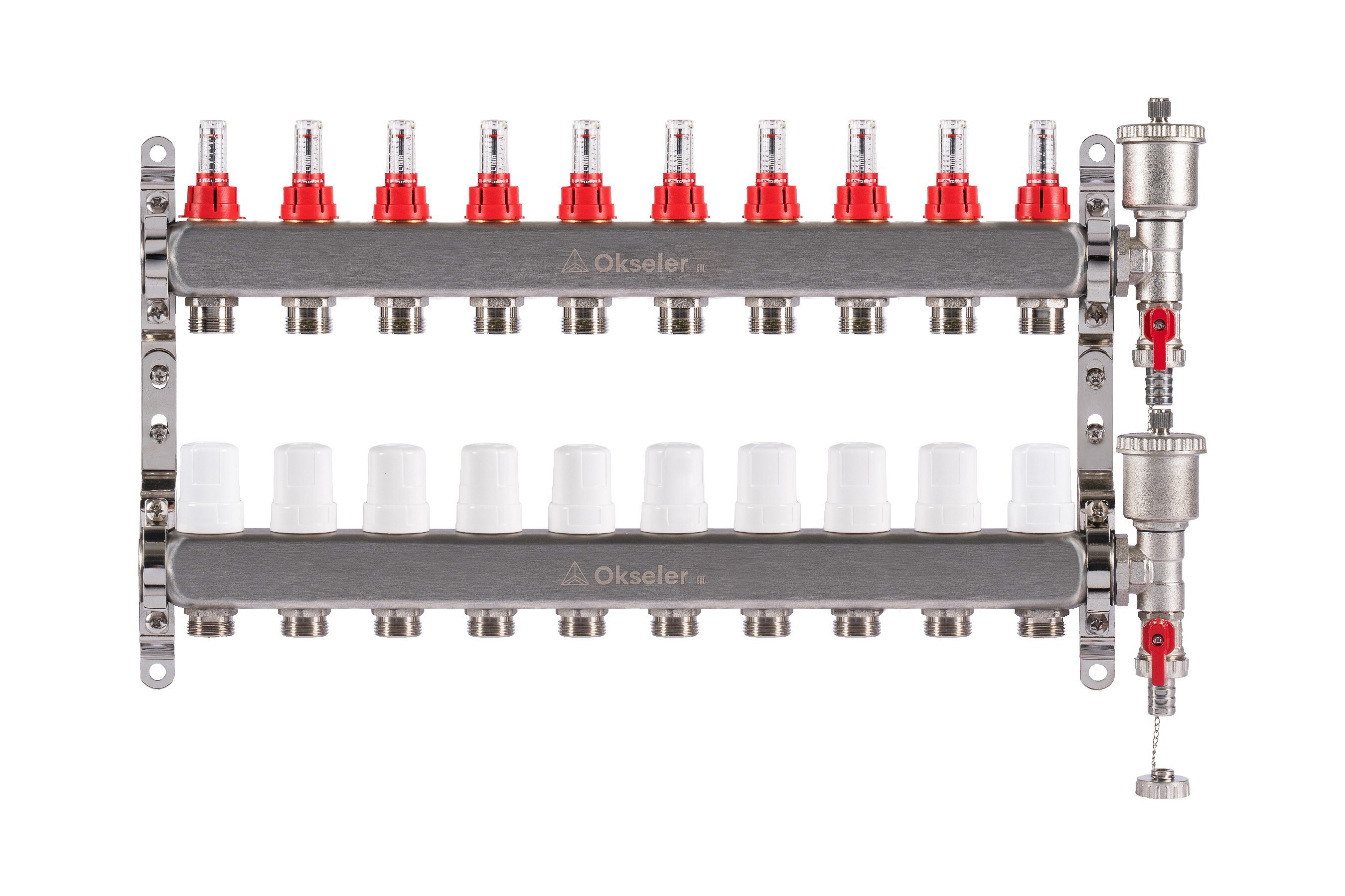 Изображение товара Коллекторная группа с расходомерами 10 отводов из нержавеющей стали для теплого пола