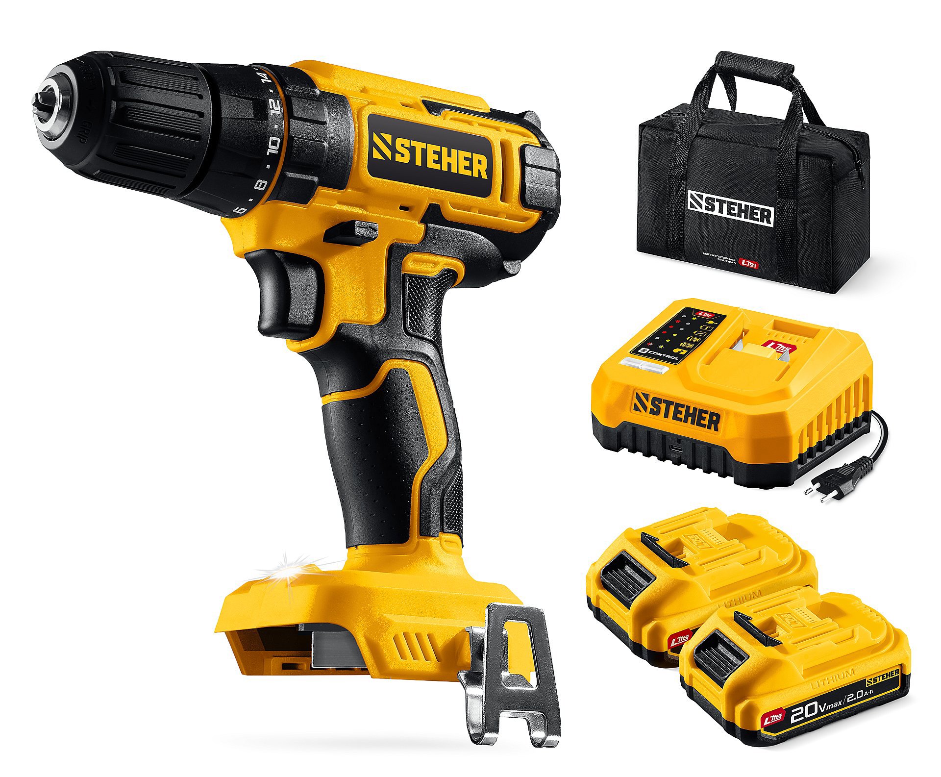 Изображение товара Дрель-шуруповерт аккумуляторная Steher CD-40-22, 20 В Li-Ion 2x2 Ач