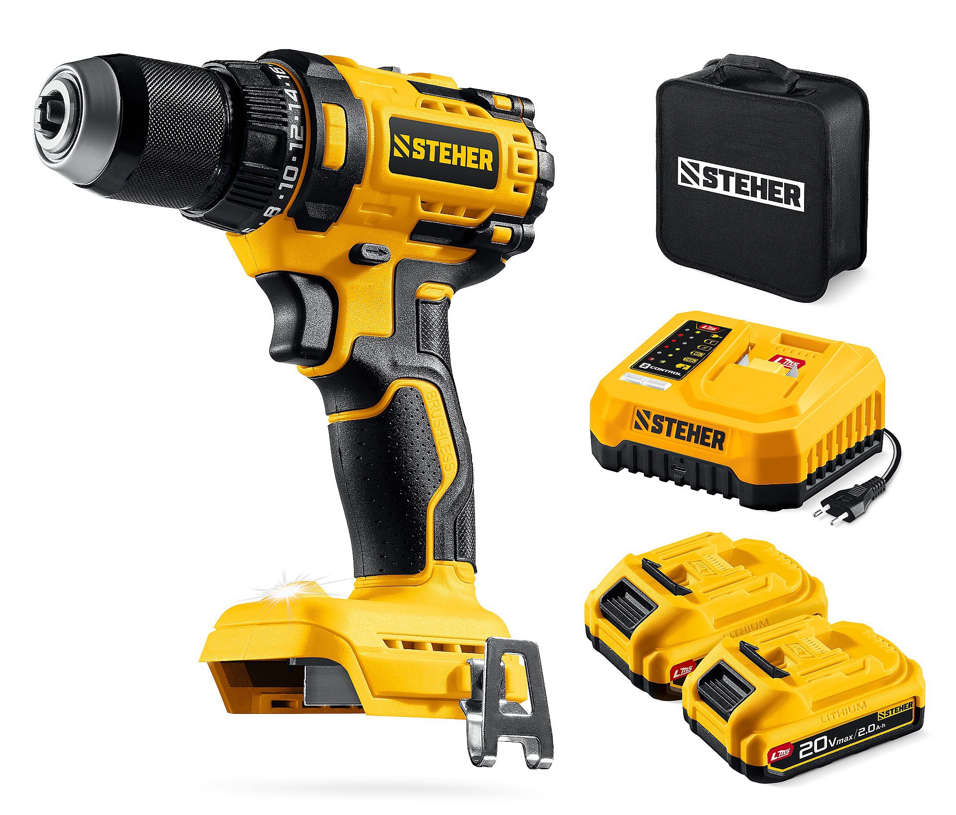 Изображение товара Дрель-шуруповерт аккумуляторная бесщеточная Steher CB-65-22, 20 В