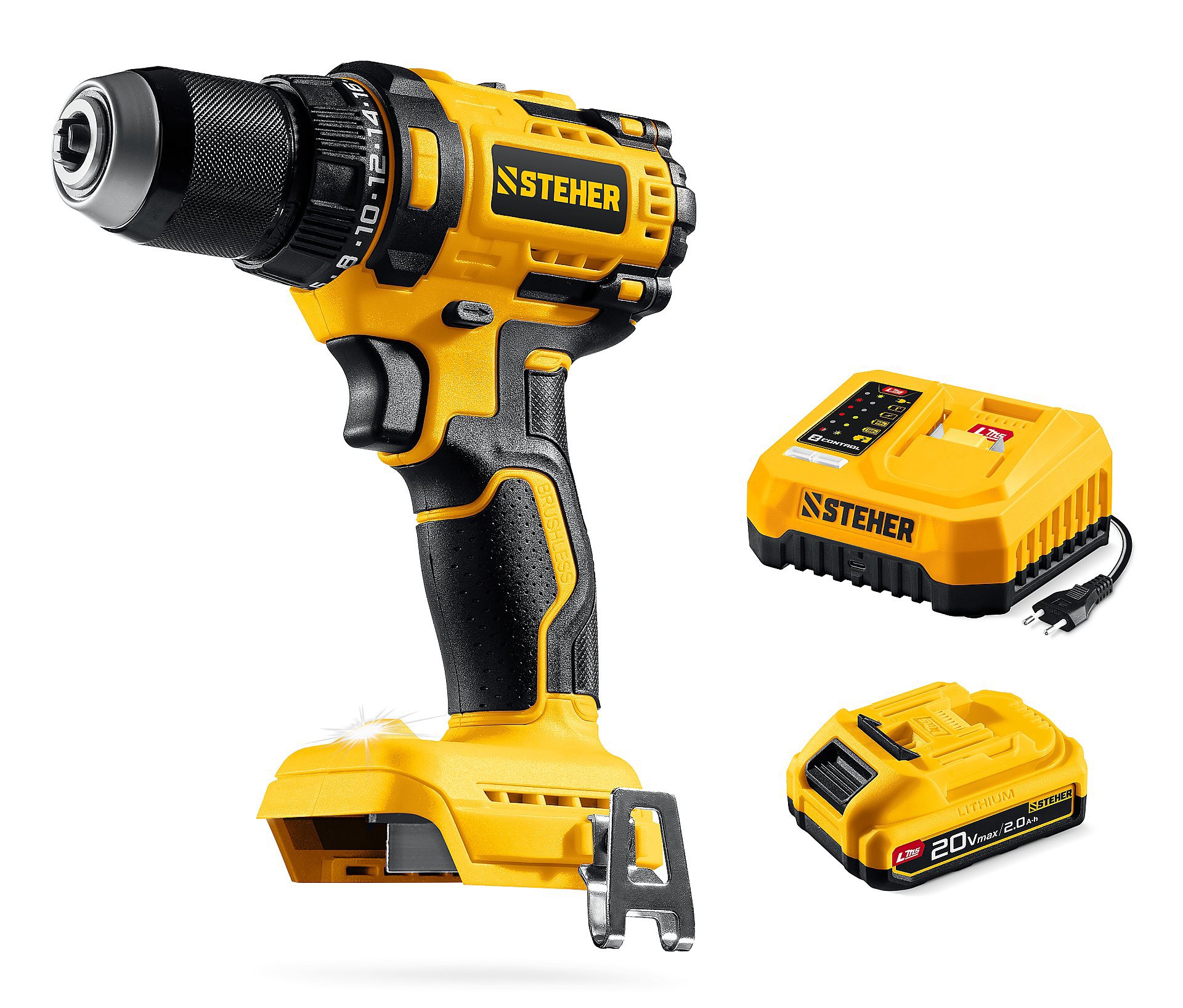 Изображение товара Аккумуляторная бесщеточная дрель-шуруповерт Steher CB-65-21 20В